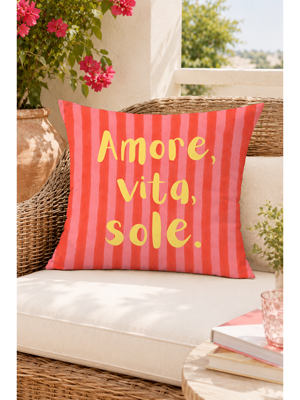 Beyaz Amore Vita Sole Çizgili Yazı Baskılı Dekoratif Kırlent Kılıfı Yazlık Dekor 43x43 Cm-1