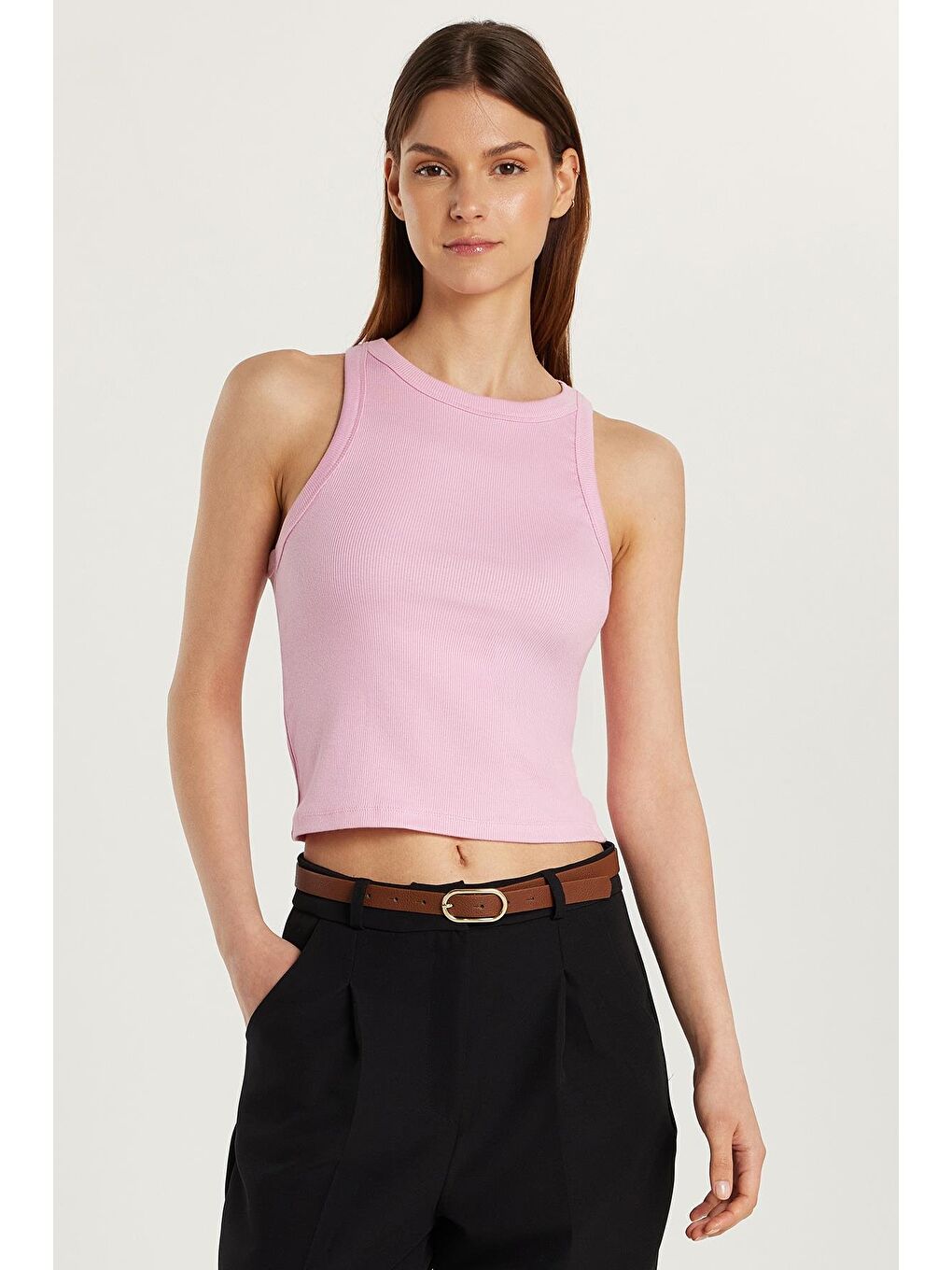 Kadın Slim Fit Halter Yaka Modal Kumaş Pembe Body Atlet-1