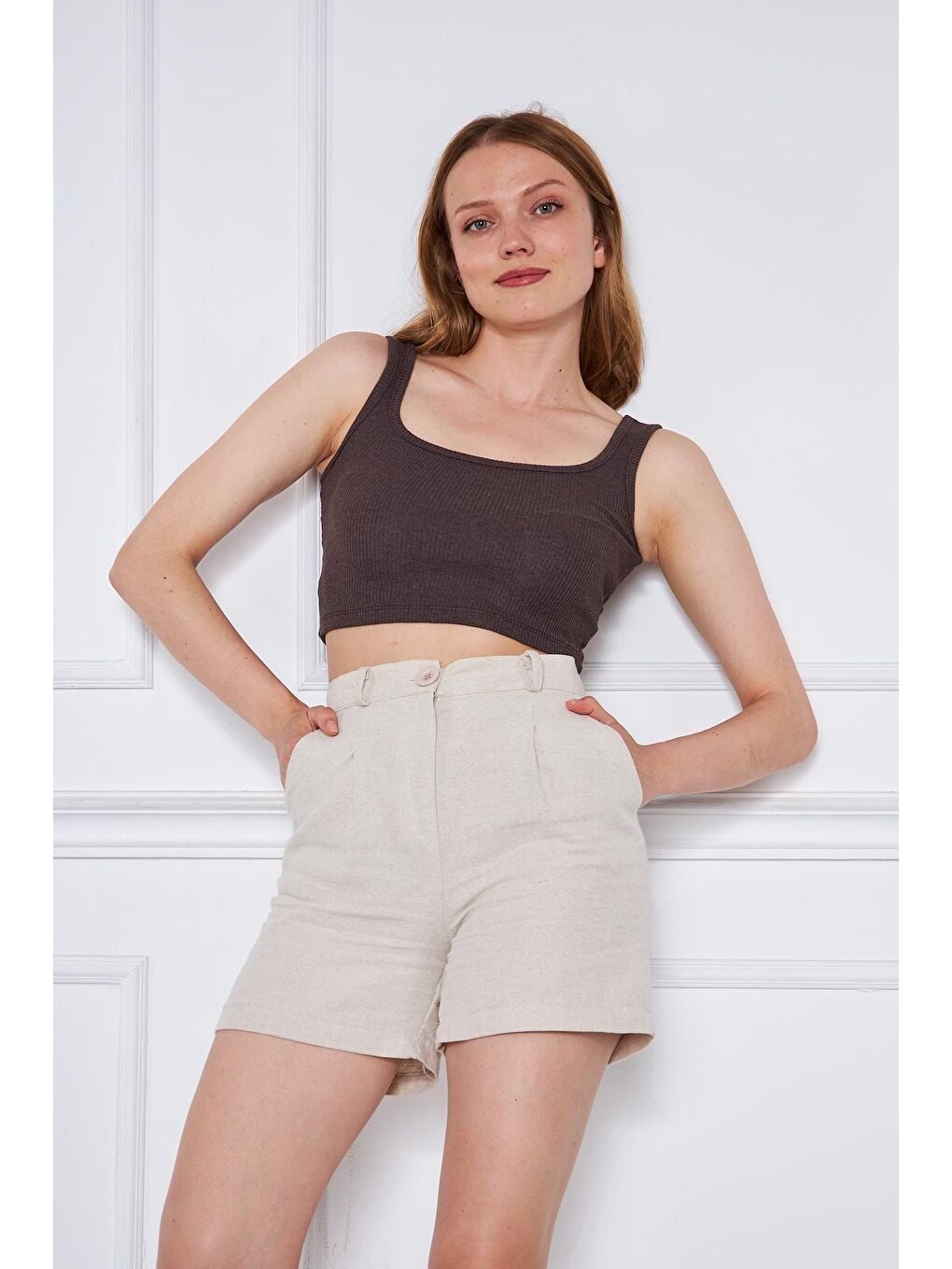 Kahverengi Kadın Askılı Crop Top Bluz
