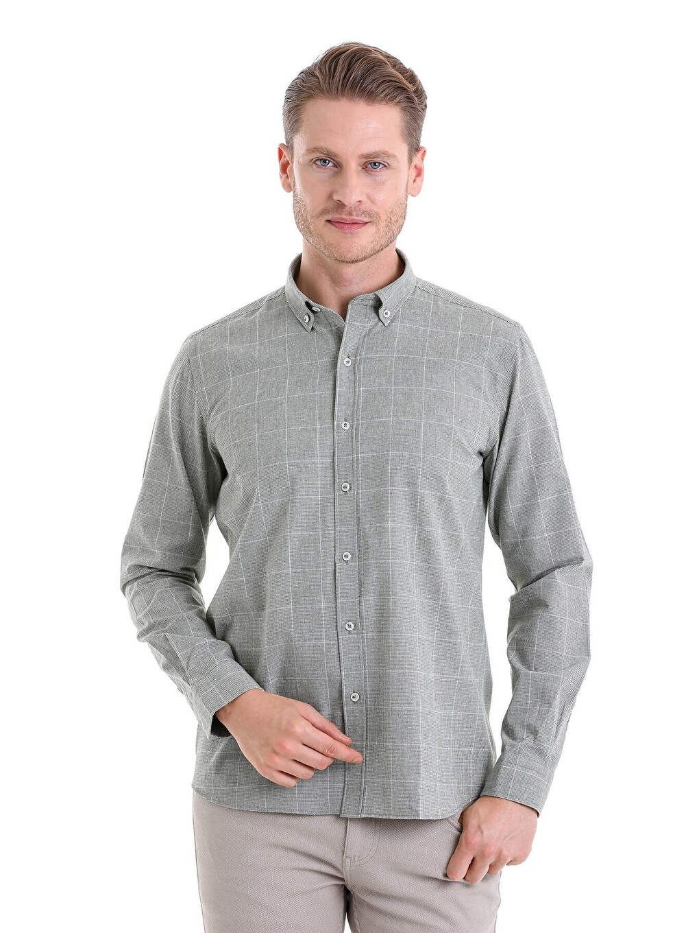 Yeşil Comfort Fit Desenli Düğmeli Yaka Uzun Kollu Casual Flanel Gömlek-1