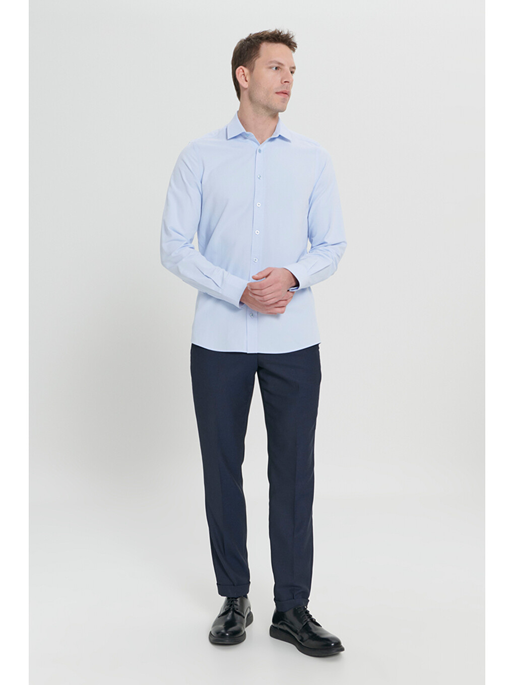 Erkek Açık Mavi Pamuklu Slim Fit Dar Kesim Klasik Yaka Armürlü Gömlek-1
