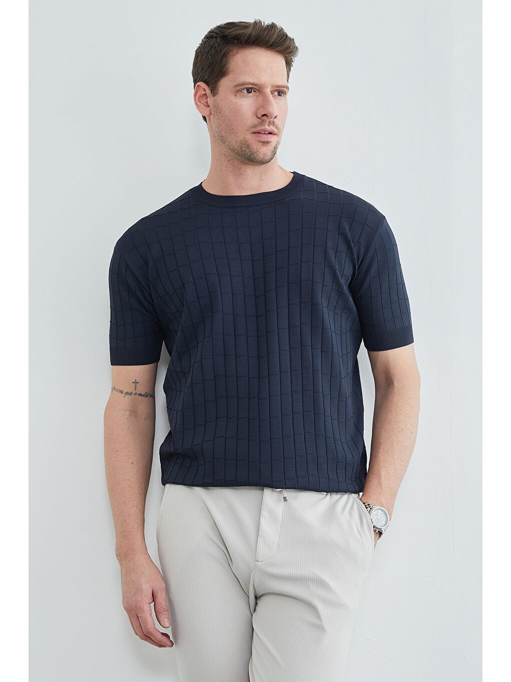 Lacivert Kare Desenli Fitilli Triko Tişört-2