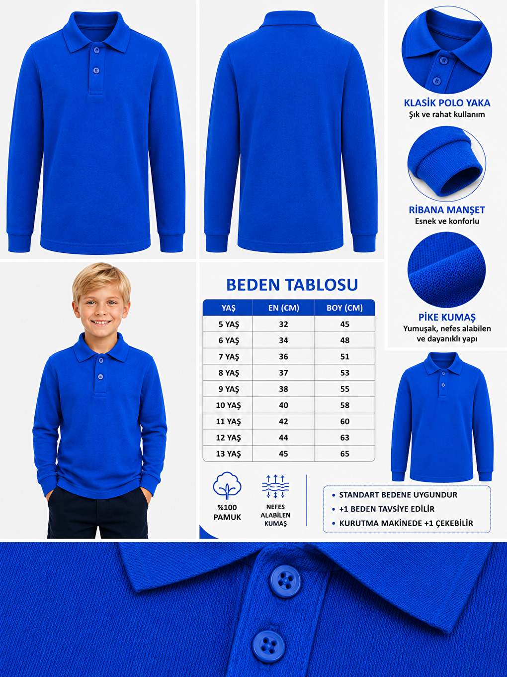 Mavi Kids Polo Yaka Basic Uzun Kollu Unisex Erkek Çocuk Tişört-1