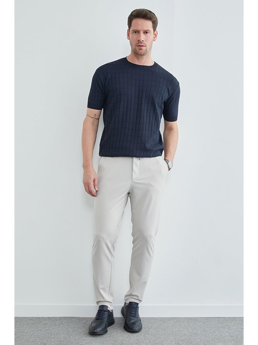 Lacivert Kare Desenli Fitilli Triko Tişört-3