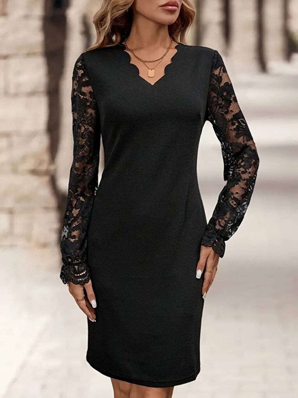 Siyah Kadın Uzun Kollu V Lazer Kesim Detaylı Kısa Ithal Krep Elbise-3