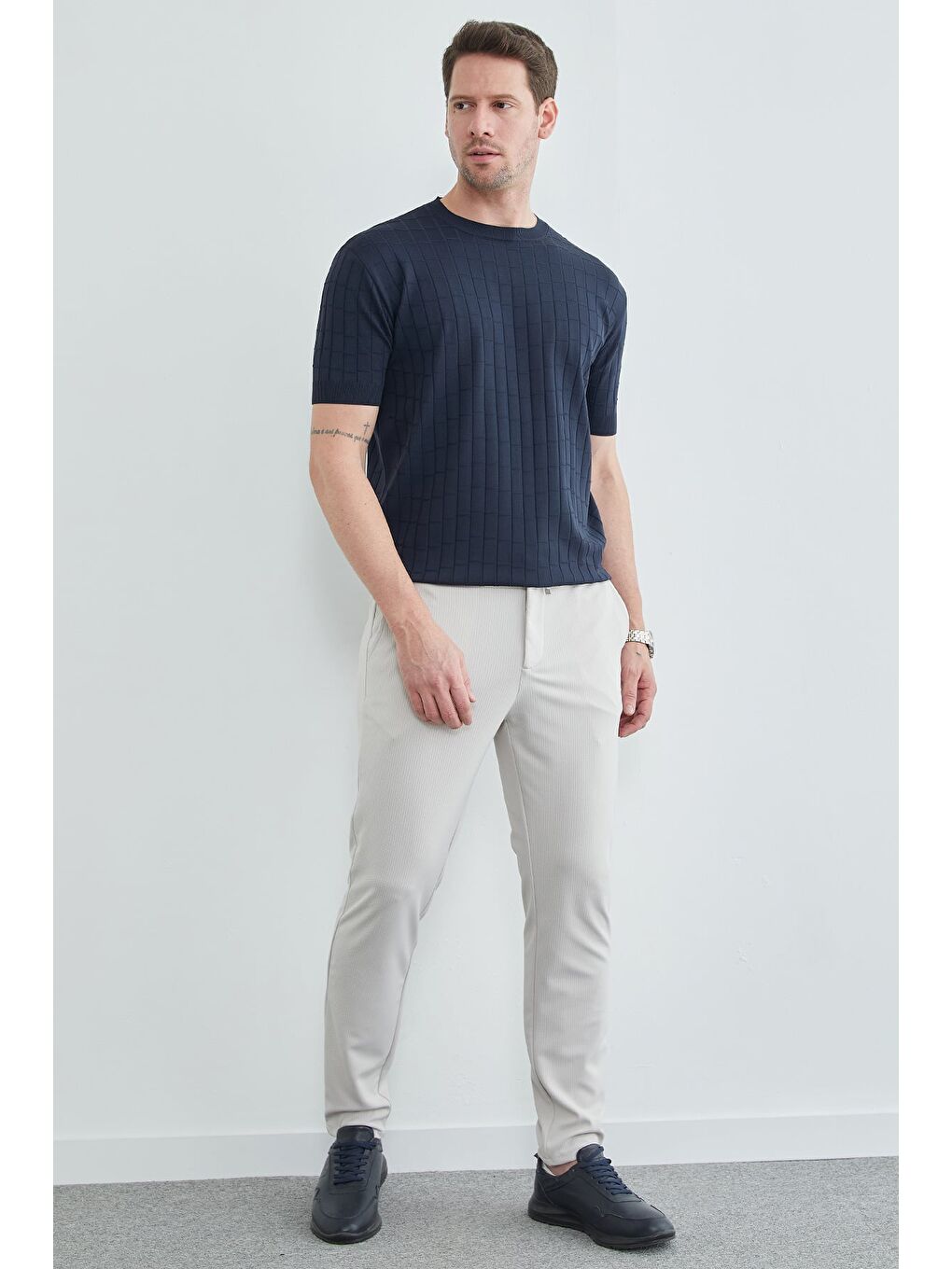 Lacivert Kare Desenli Fitilli Triko Tişört-4