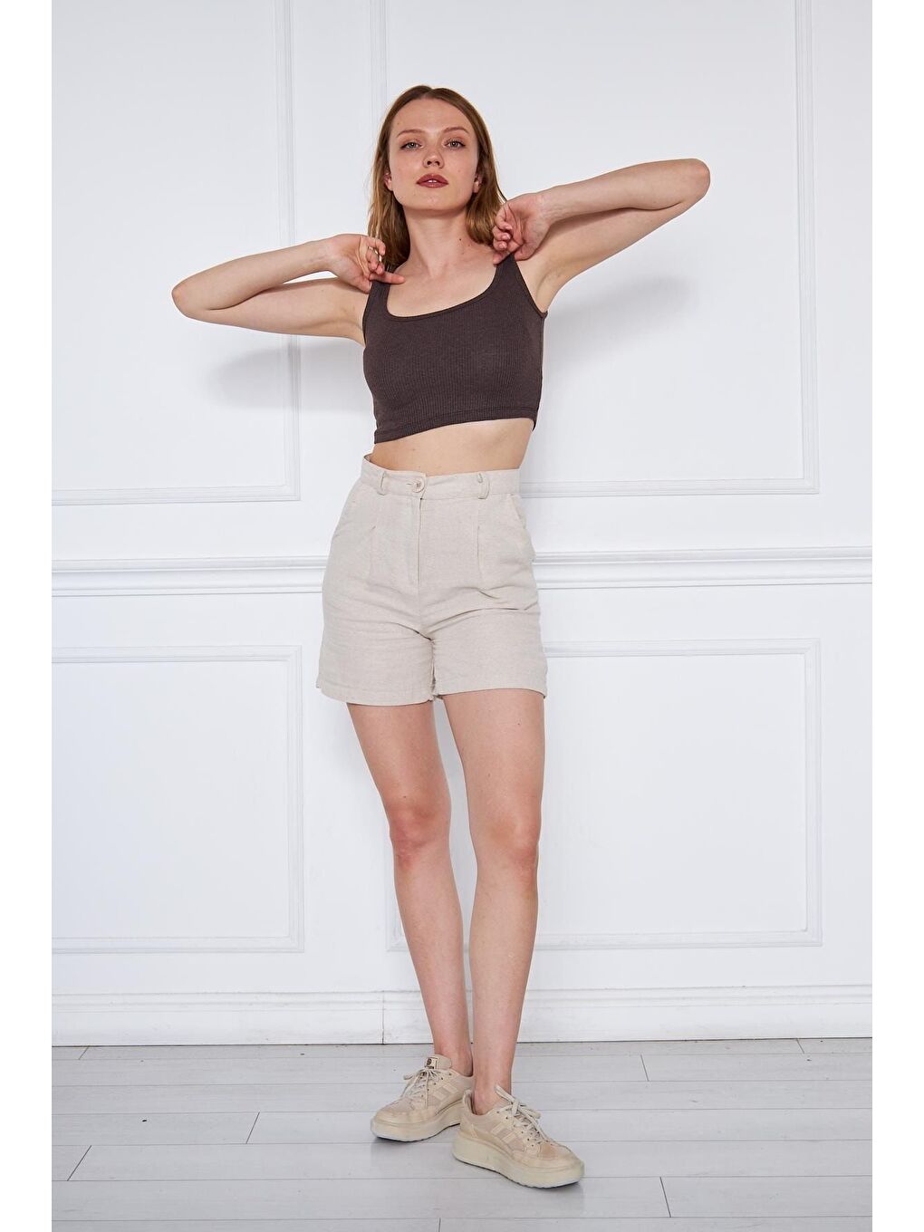 Kahverengi Kadın Askılı Crop Top Bluz-2