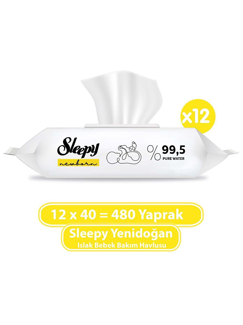 Sleepy Beyaz 12'li Paket Yenidoğan Islak Bebek Havlusu 12x40 (480 Yaprak)