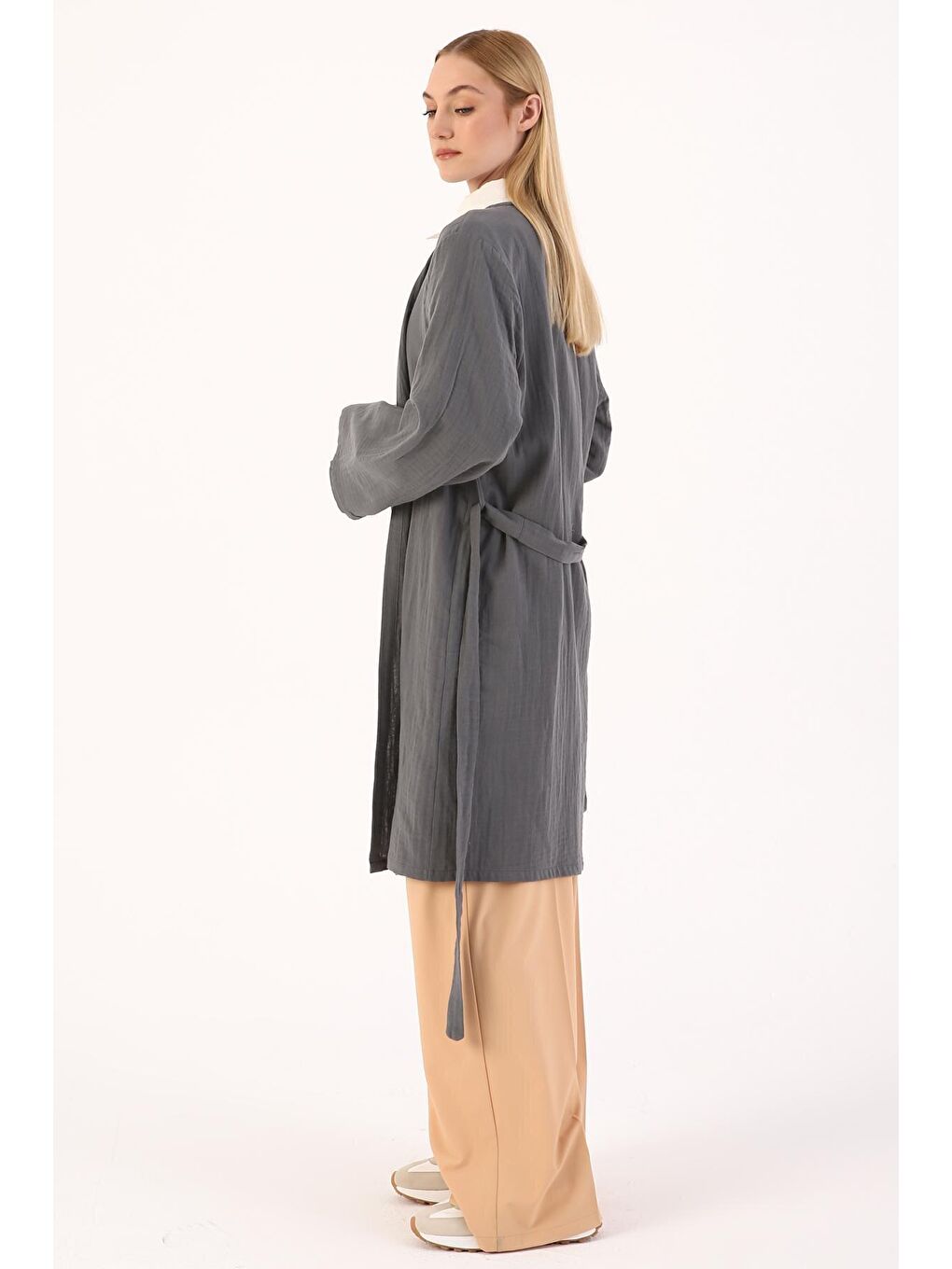Gri Pamuklu Kuşaklı Kimono-2