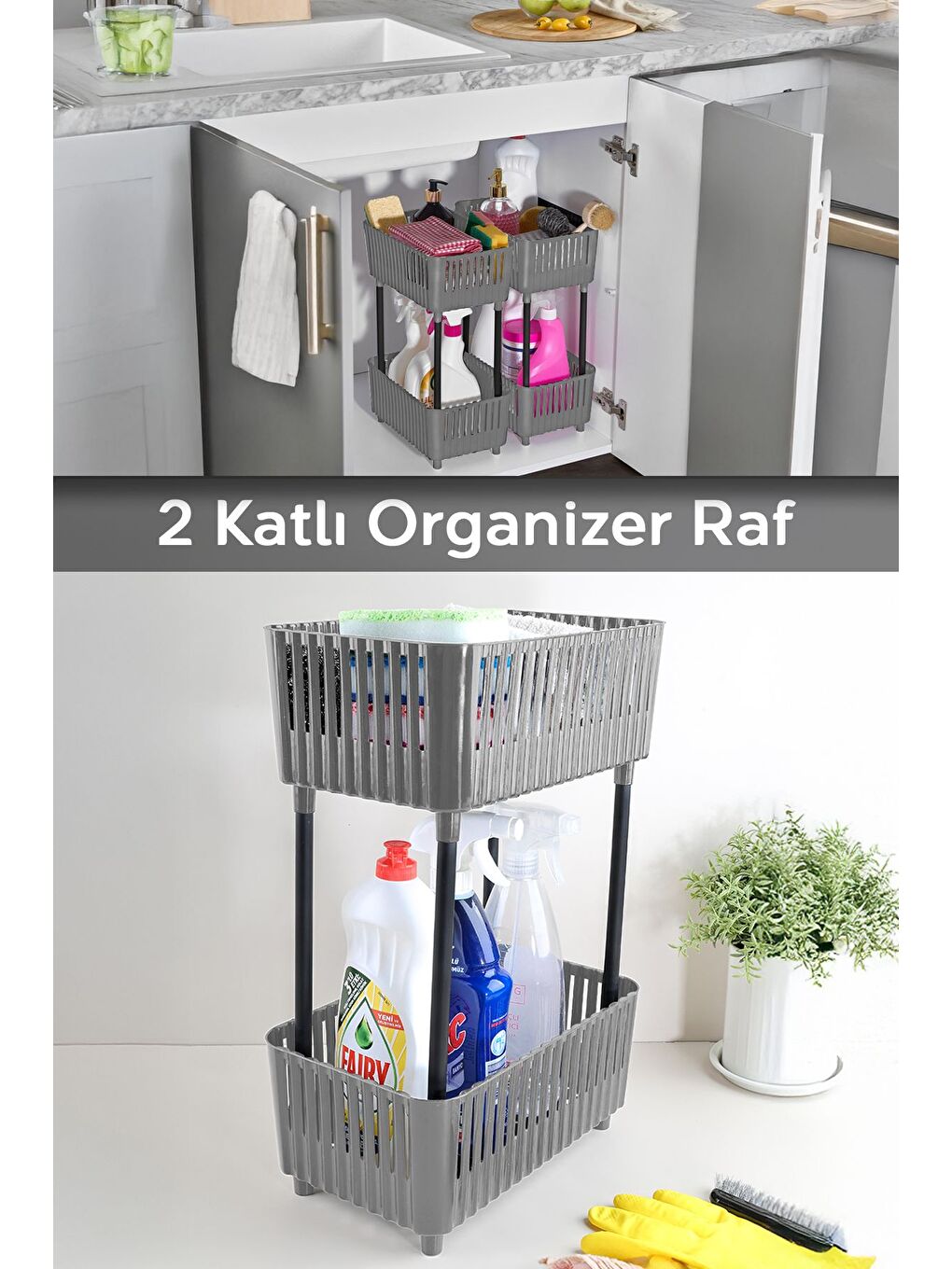 2 Katlı Düzenleyici Mutfak Banyo Rafı Tezgah Altı Evye Altı Dolap Organizer Deterjanlık Gri