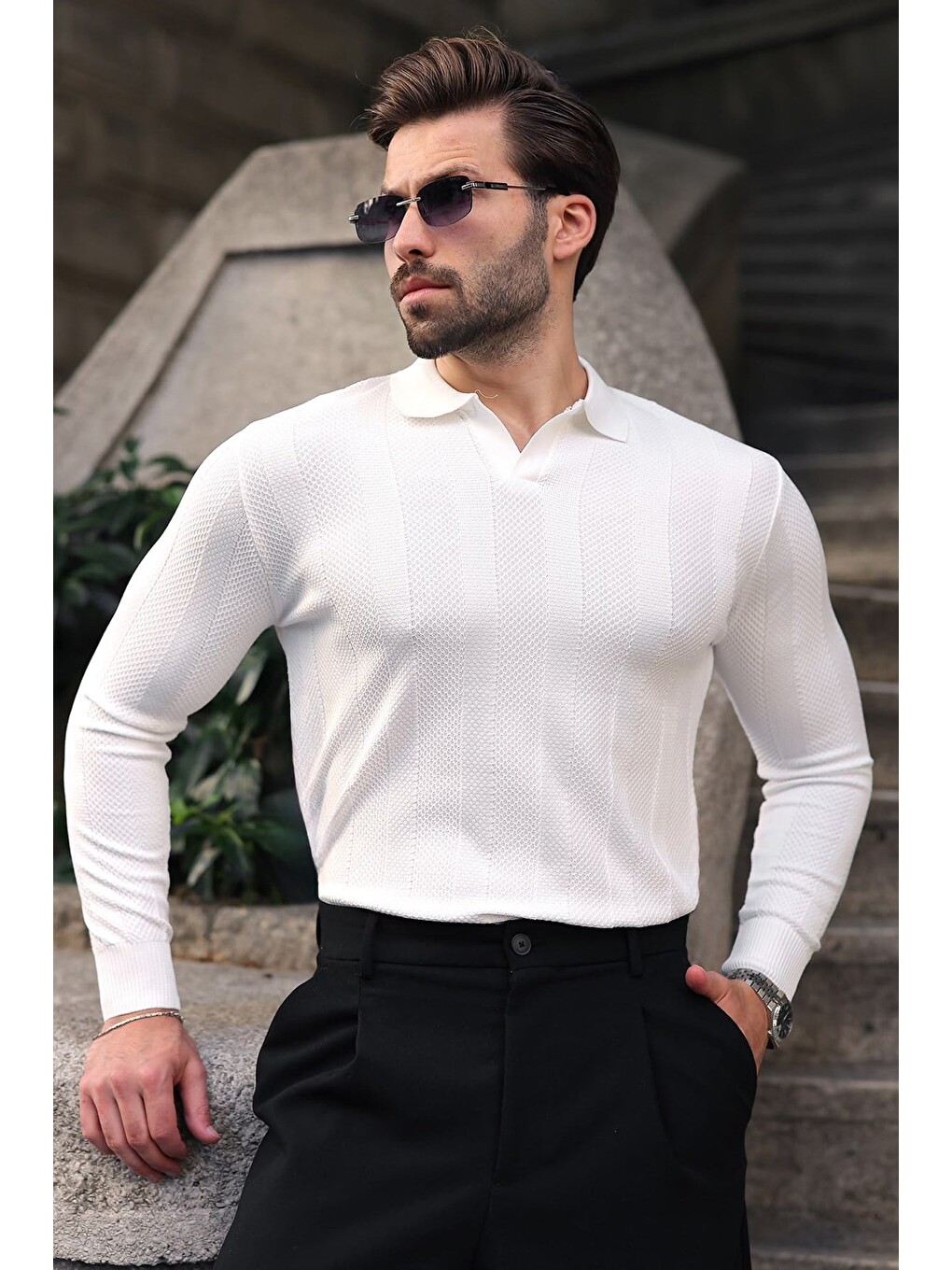 Beyaz Regular Fit Polo Yaka Triko Erkek Kazak E7509-5