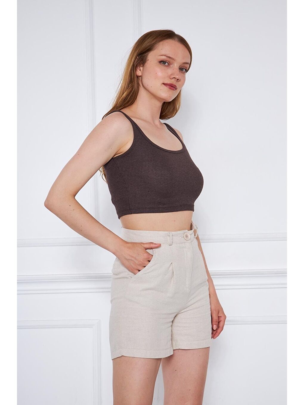 Kahverengi Kadın Askılı Crop Top Bluz-3