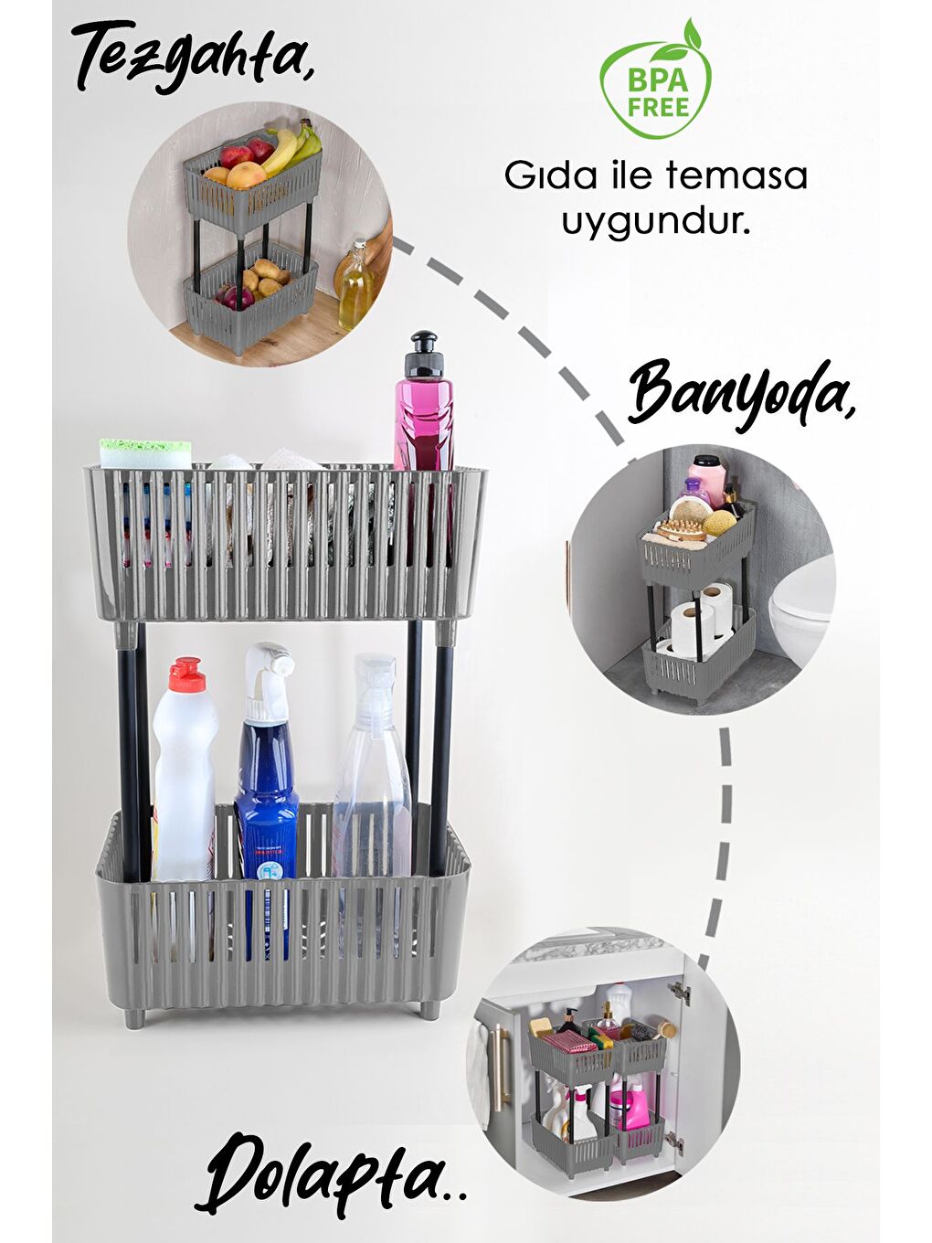 2 Katlı Düzenleyici Mutfak Banyo Rafı Tezgah Altı Evye Altı Dolap Organizer Deterjanlık Gri-2