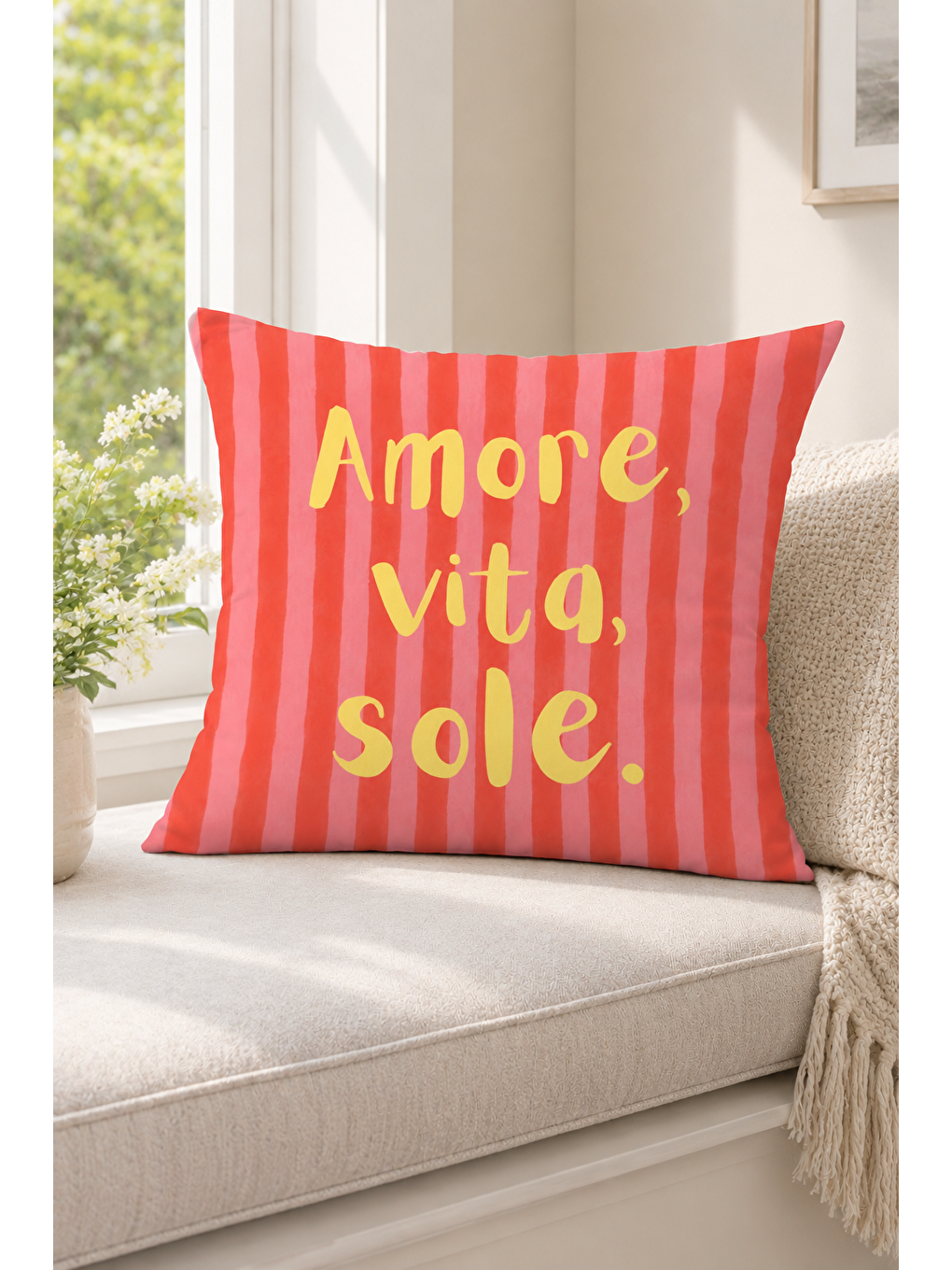Beyaz Amore Vita Sole Çizgili Yazı Baskılı Dekoratif Kırlent Kılıfı Yazlık Dekor 43x43 Cm-2