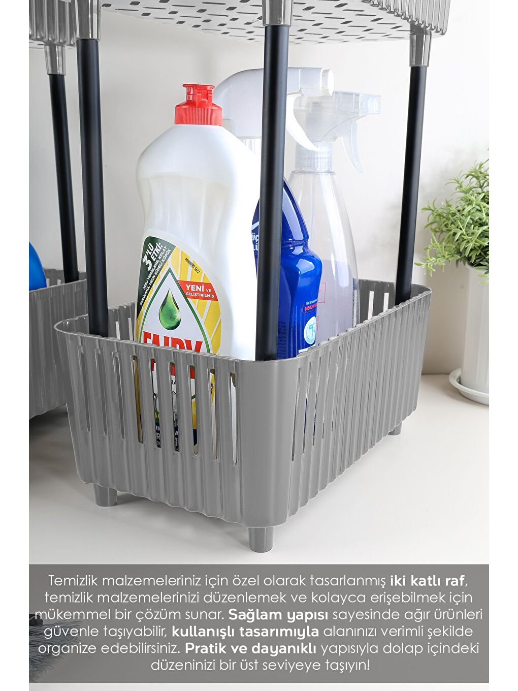 2 Katlı Düzenleyici Mutfak Banyo Rafı Tezgah Altı Evye Altı Dolap Organizer Deterjanlık Gri-3