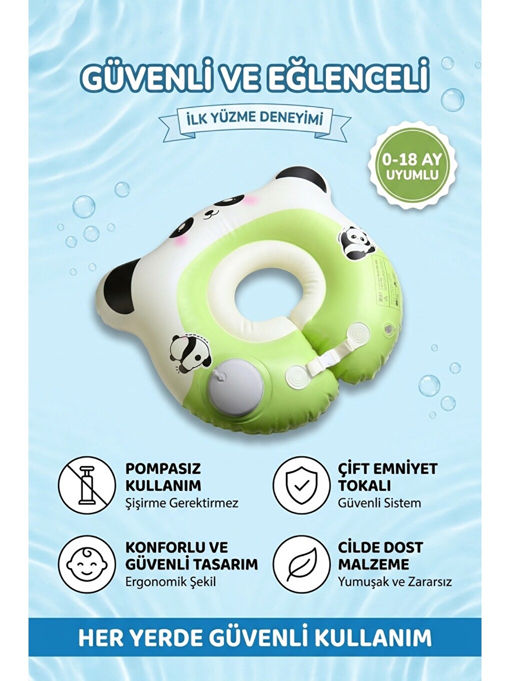 Karışık Bebek Bel Simidi Süngerli Panda Figürlü Emniyet Tokalı Pompasız Kullanım Yüzme Simidi