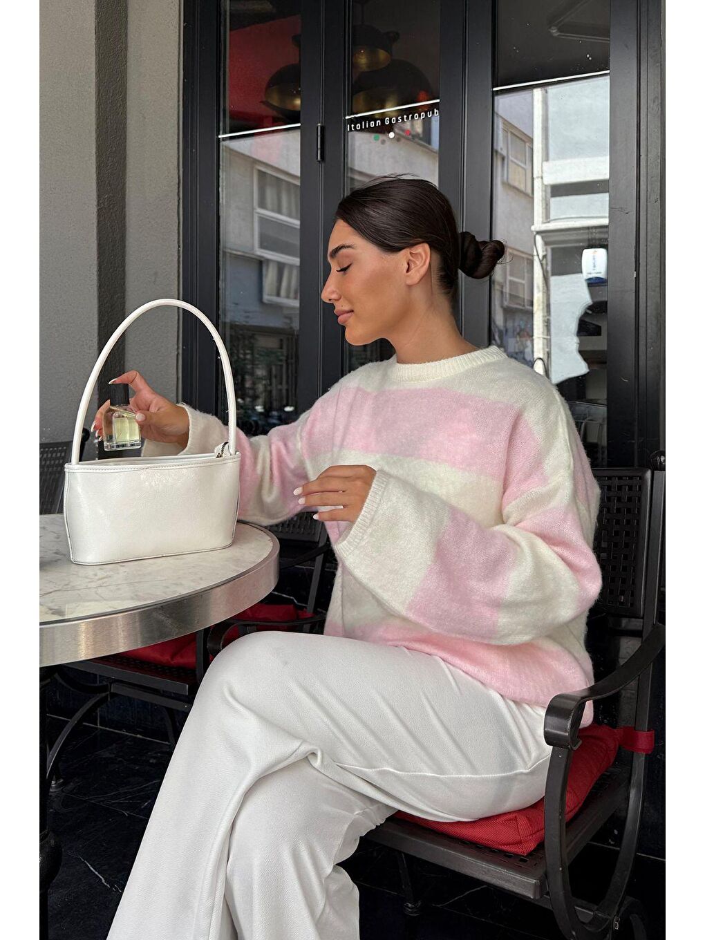 Pembe Bisiklet Yaka Çizgili Triko Kadın Kazak Mg2472-1