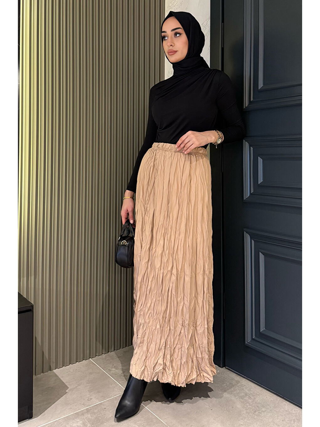 Bej Bel Lastikli Krinkıl Vual Tesettür Etek-2