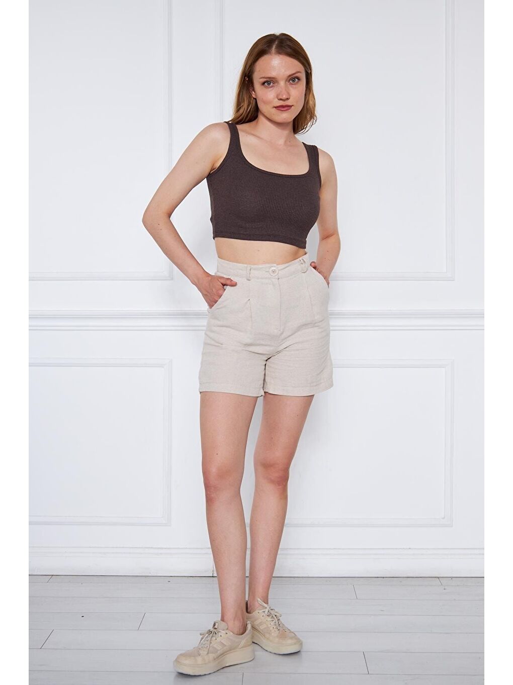 Kahverengi Kadın Askılı Crop Top Bluz-4