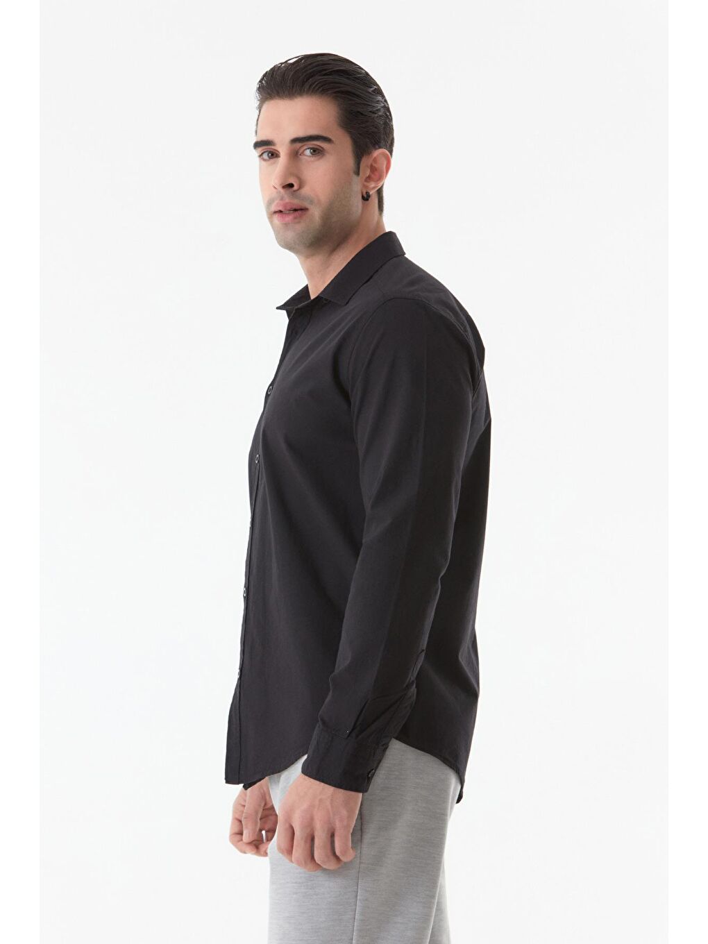 Siyah Basic Uzun Kollu Gömlek-2