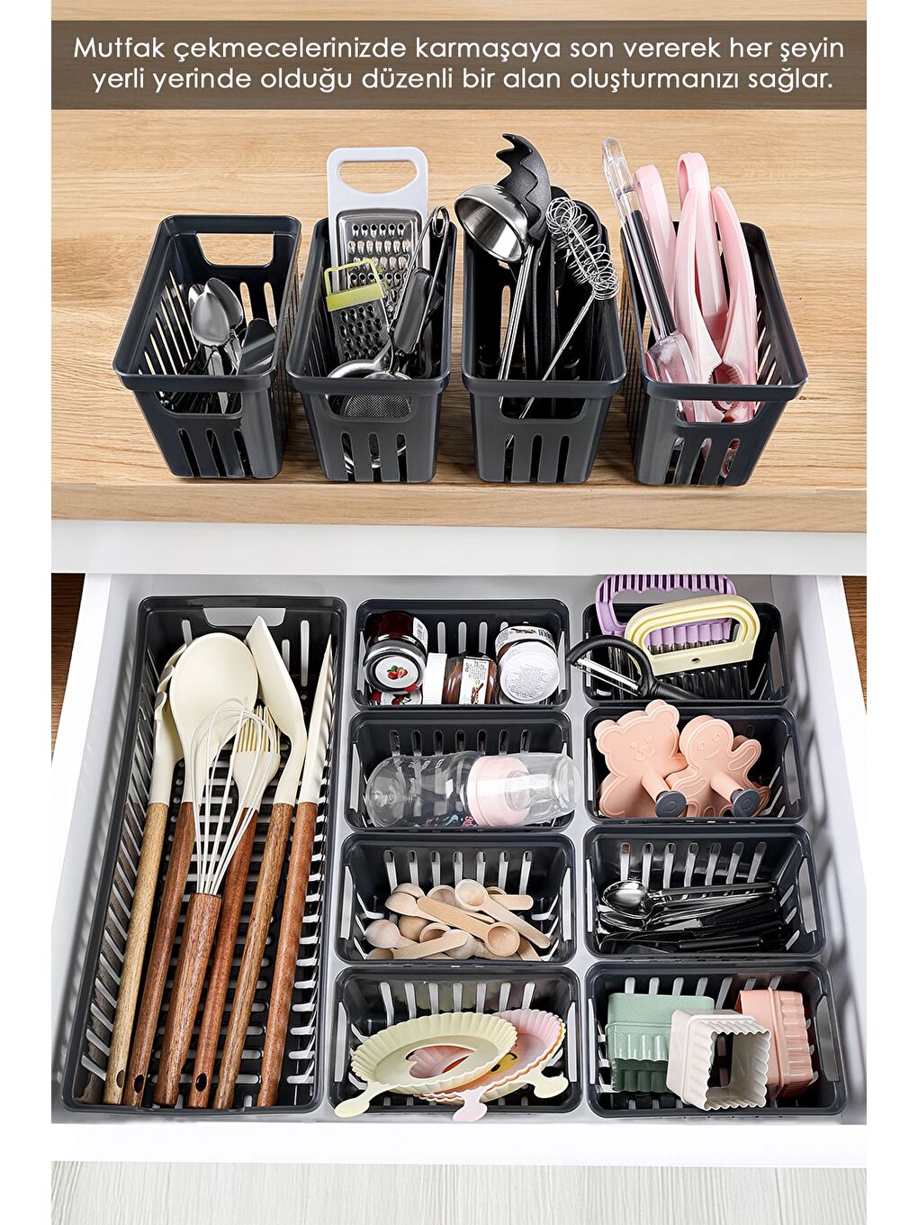 13 Parça Modüler Çekmece İçi Organizer Set Banyo Mutfak Makyaj Aksesuar Ofis Düzenleyici Siyah-1