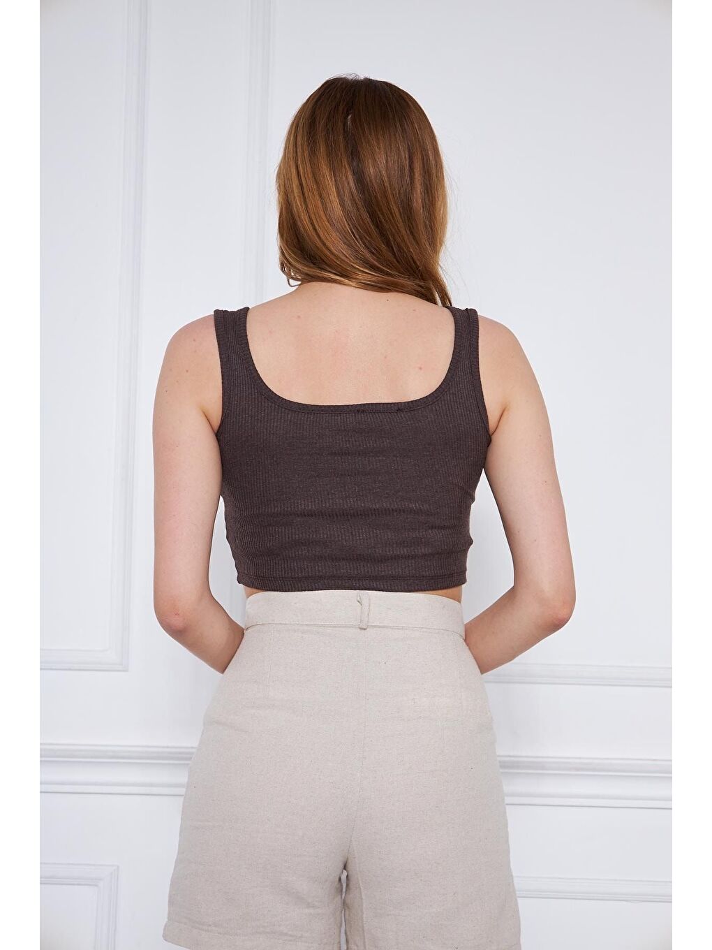 Kahverengi Kadın Askılı Crop Top Bluz-5