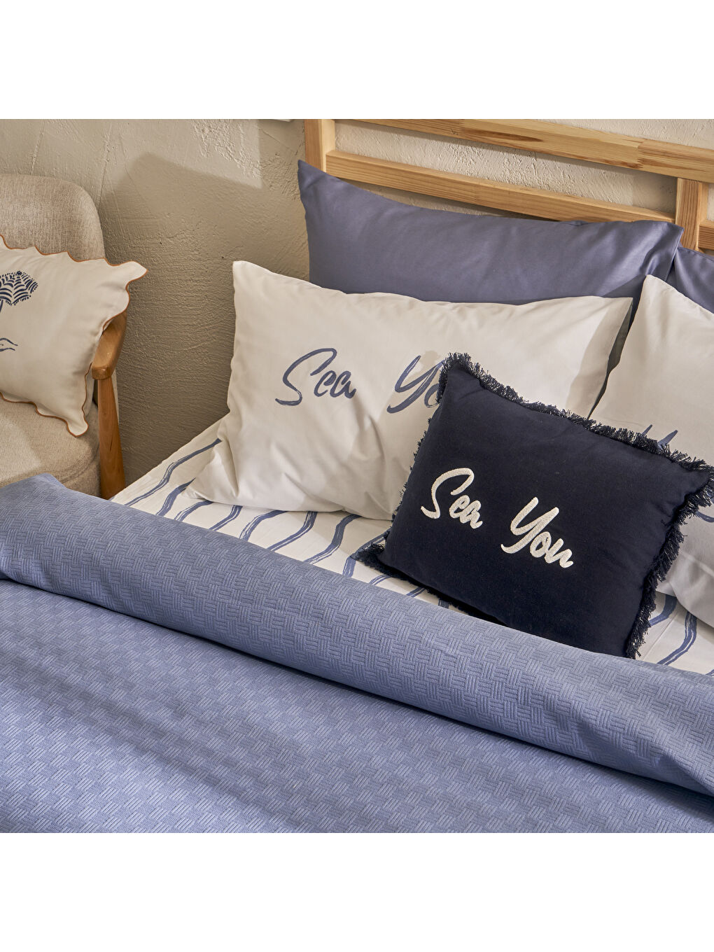 %100 Pamuk Marine Tek Kişilik Pike Takımı Lacivert (150x220 cm)-1