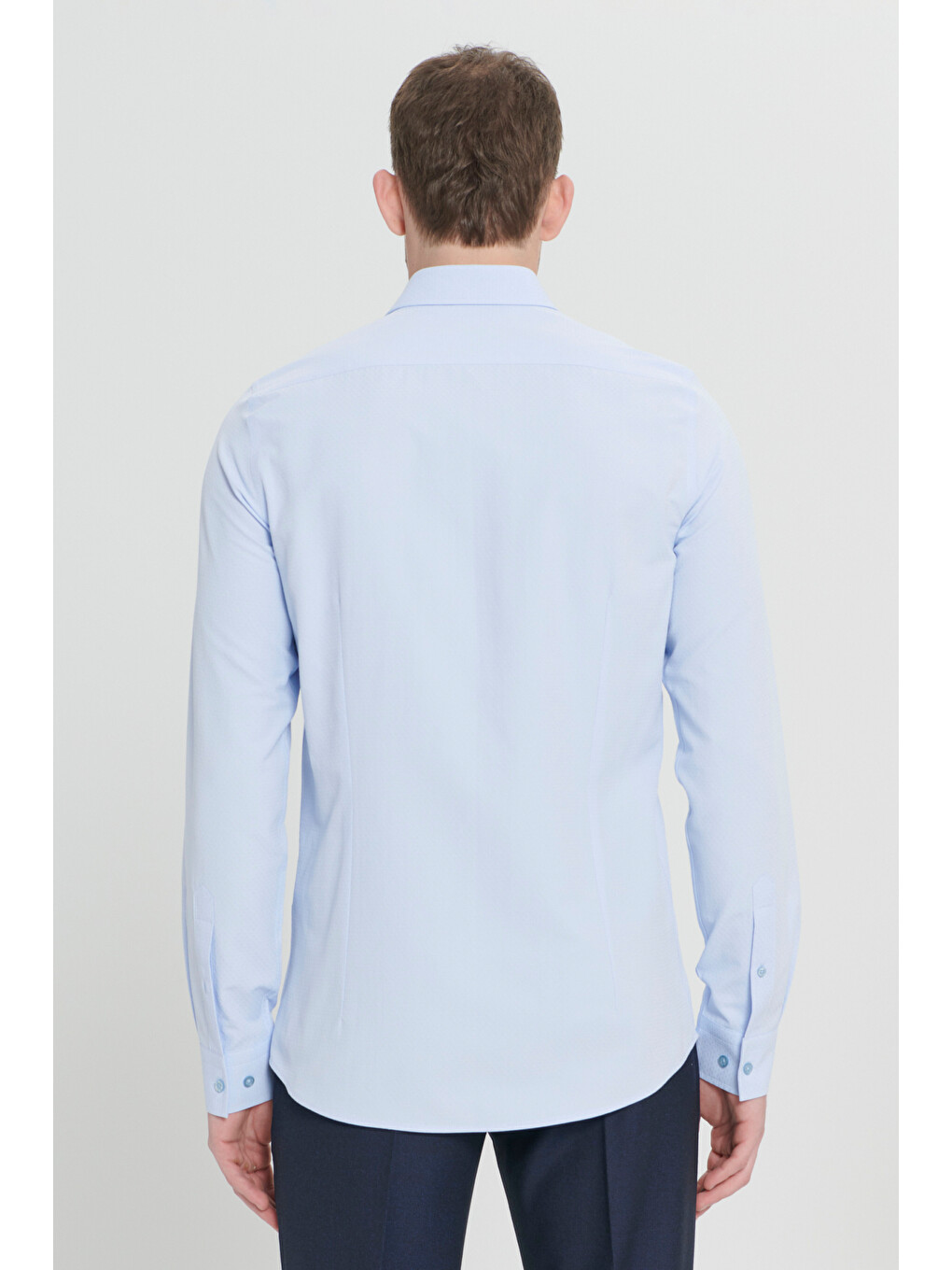 Erkek Açık Mavi Pamuklu Slim Fit Dar Kesim Klasik Yaka Armürlü Gömlek-4