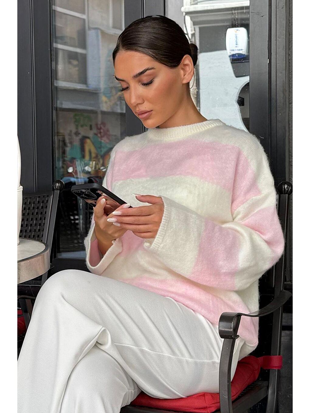 Pembe Bisiklet Yaka Çizgili Triko Kadın Kazak Mg2472-2