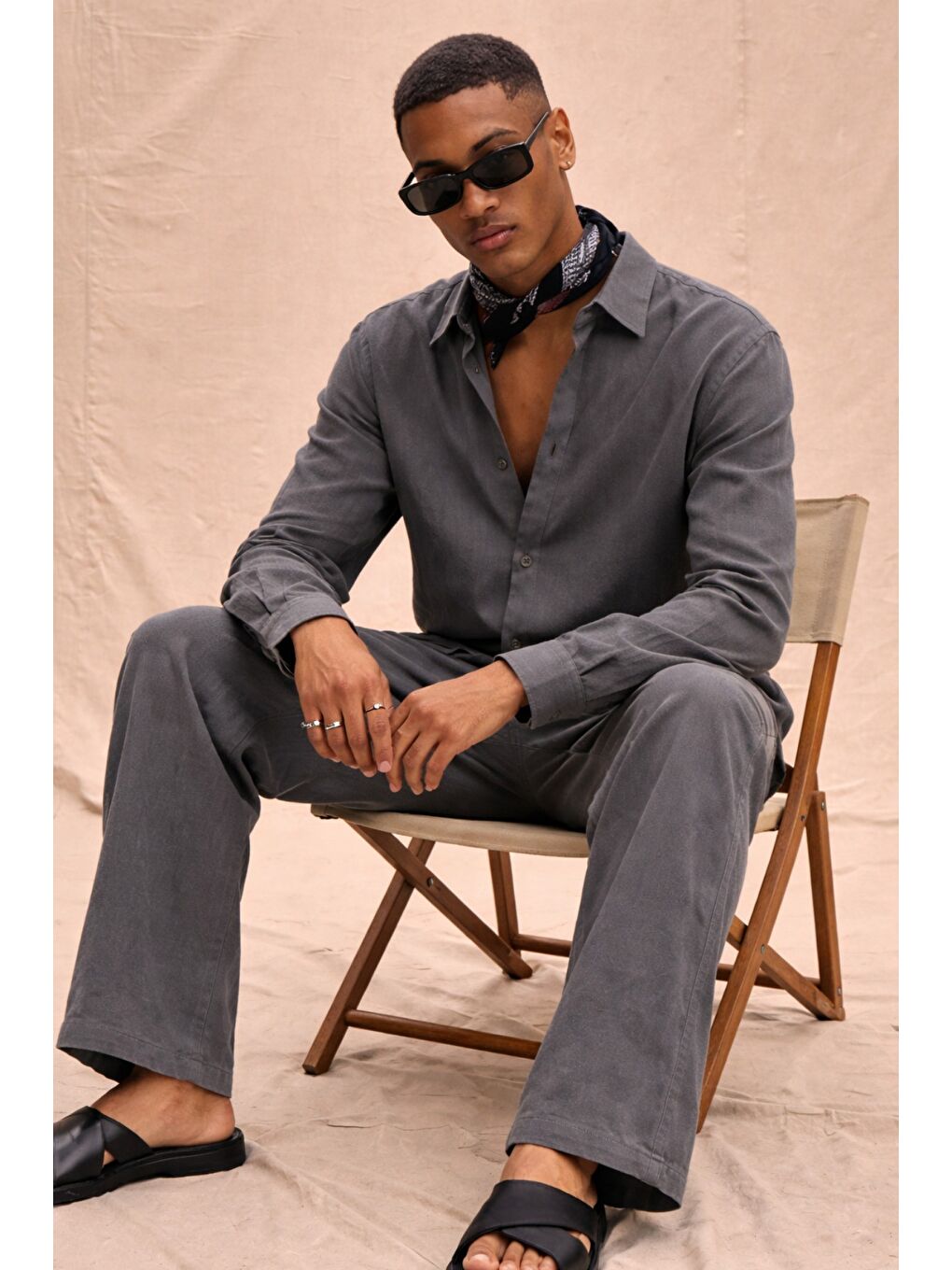 Gri Erkek Haki Lyocell Kumaş Oversize Gömlek Pantolon Takım – Rahat Kesim Yazlık Kombin-1