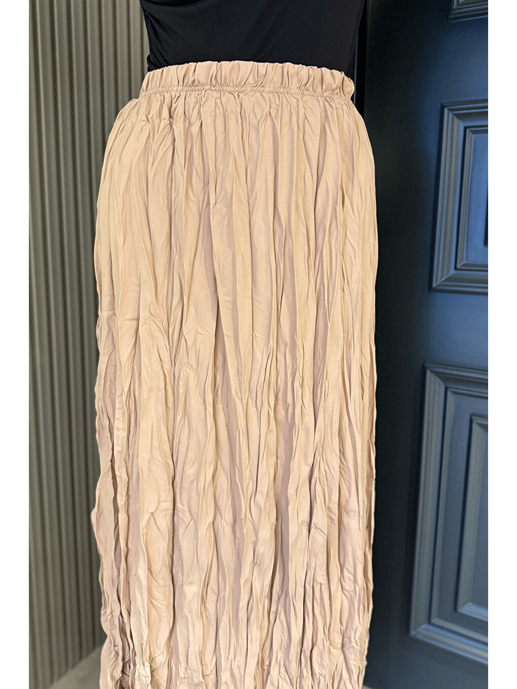 Bej Bel Lastikli Krinkıl Vual Tesettür Etek-4