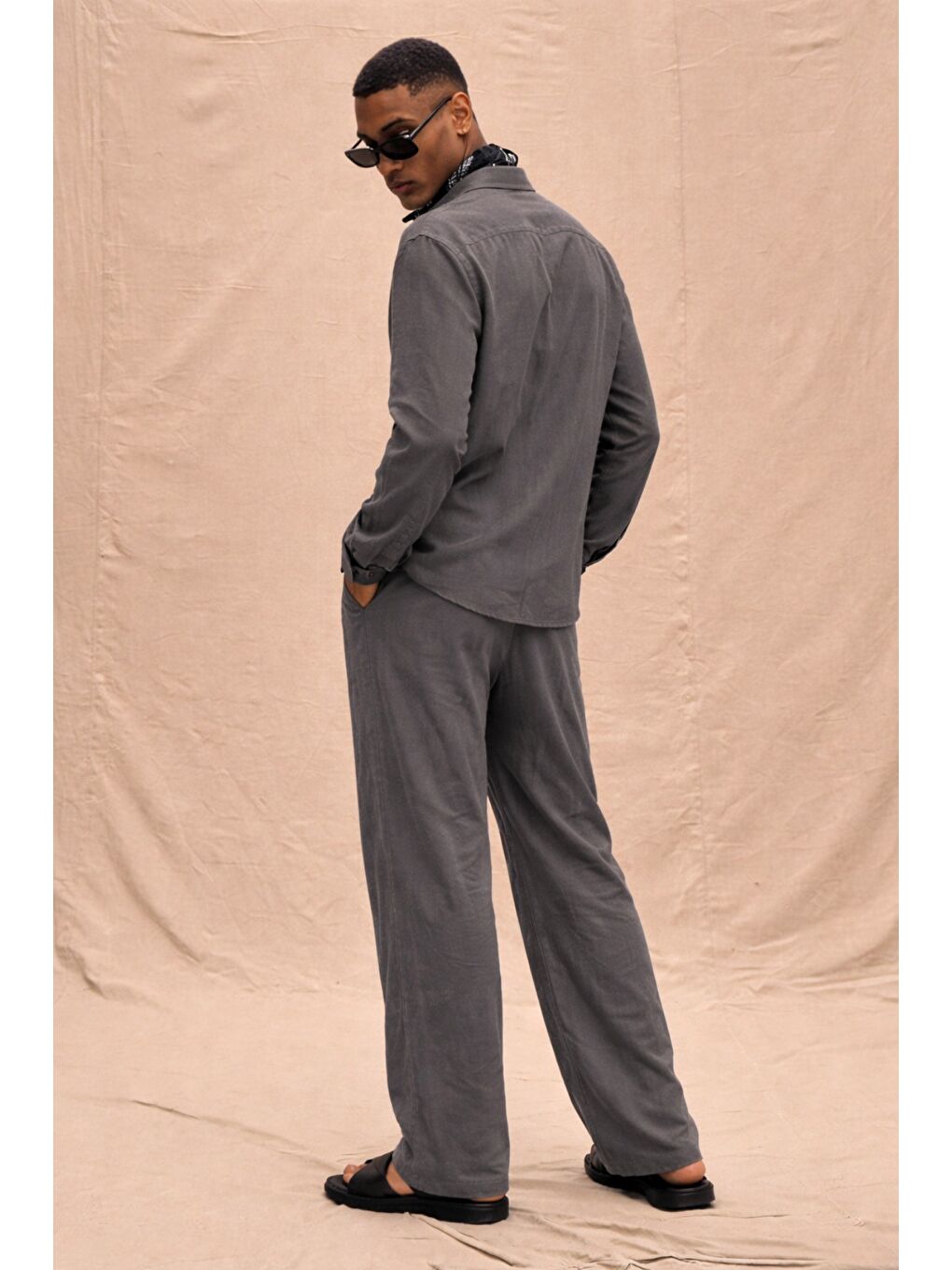 Gri Erkek Haki Lyocell Kumaş Oversize Gömlek Pantolon Takım – Rahat Kesim Yazlık Kombin-2