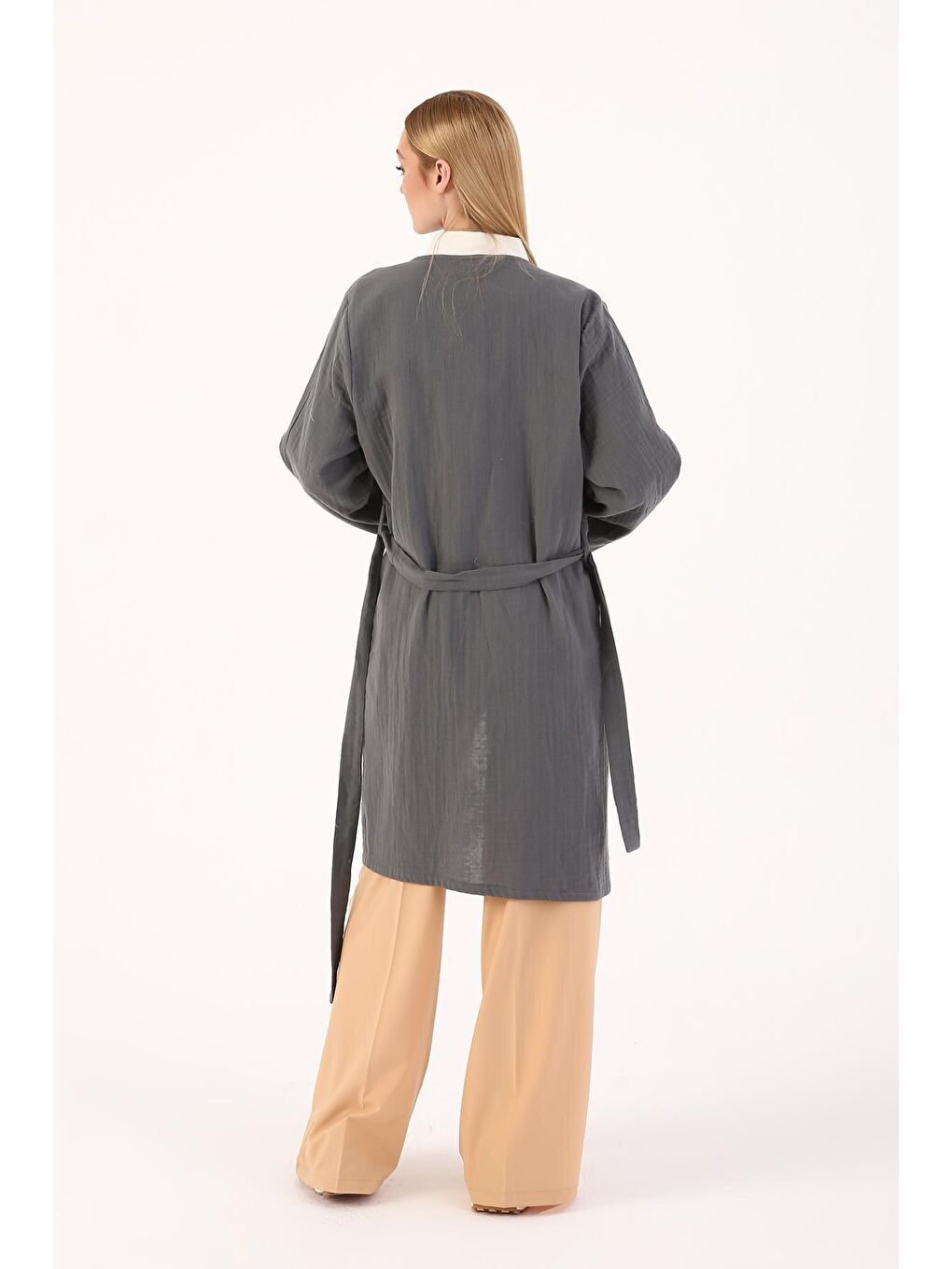 Gri Pamuklu Kuşaklı Kimono-3