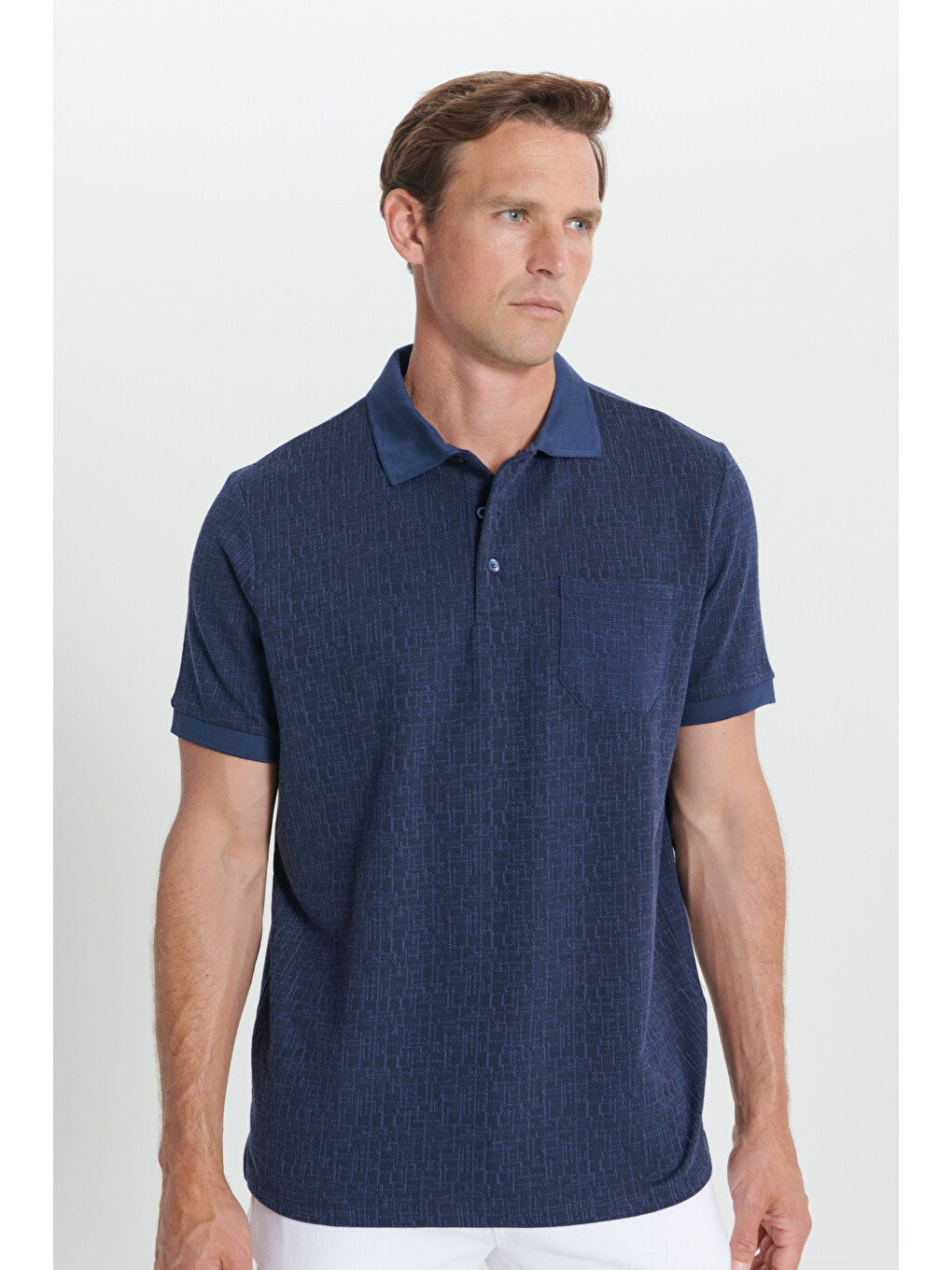 Erkek Lacivert Comfort Fit Rahat Kesim Polo Yaka Jakarlı Tişört