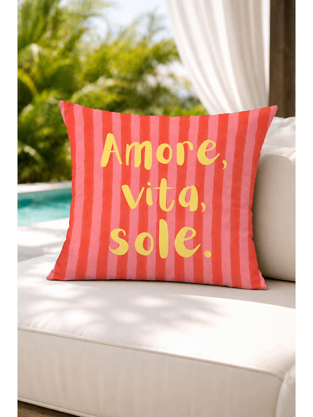 Beyaz Amore Vita Sole Çizgili Yazı Baskılı Dekoratif Kırlent Kılıfı Yazlık Dekor 43x43 Cm-3