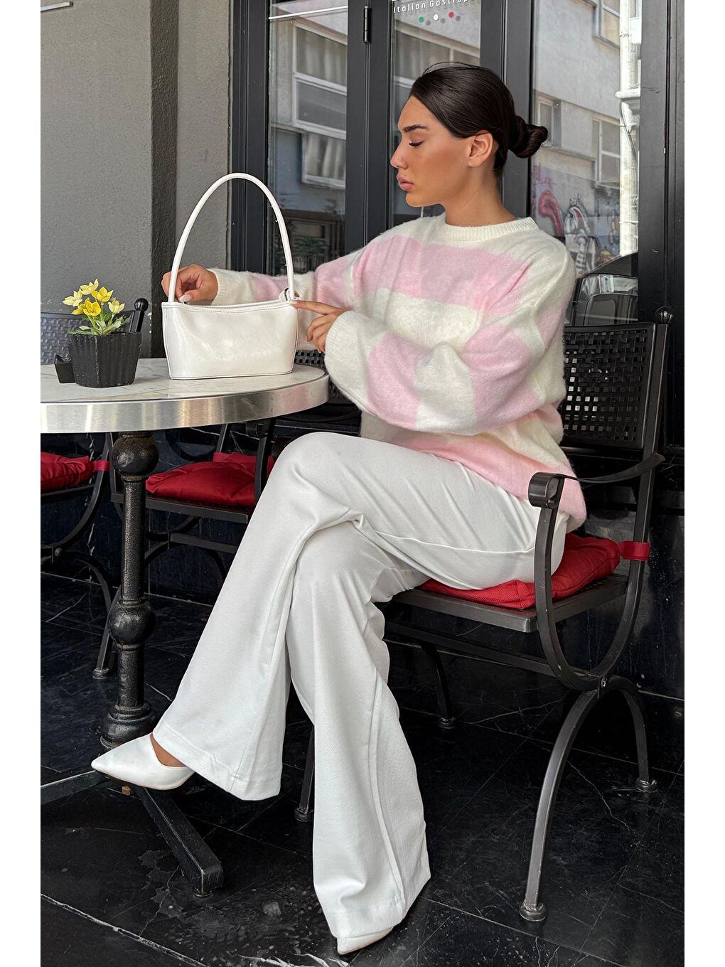 Pembe Bisiklet Yaka Çizgili Triko Kadın Kazak Mg2472-4