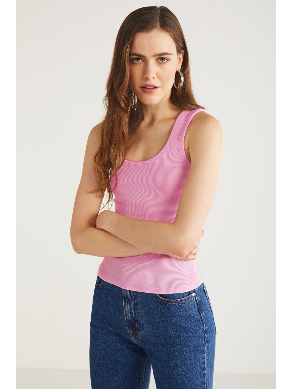 Lıllesol Kadın Fitilli Görünümlü Slim Fit Vücuda Oturan Havuz Yakalı Pamuklu Basic Koyu Pembe Atlet