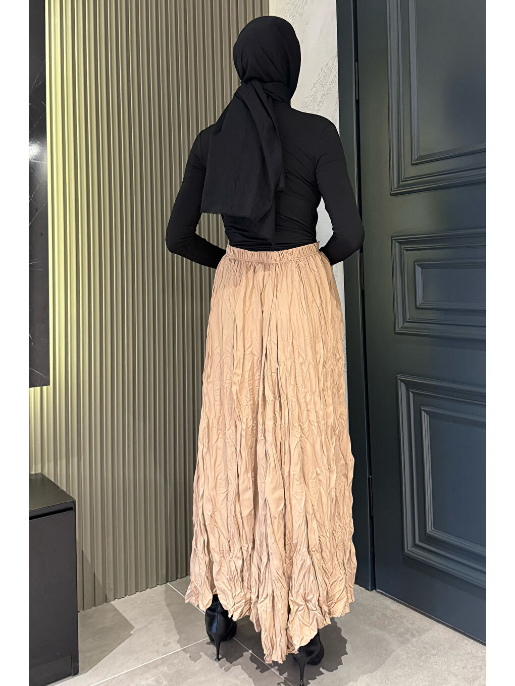 Bej Bel Lastikli Krinkıl Vual Tesettür Etek-6