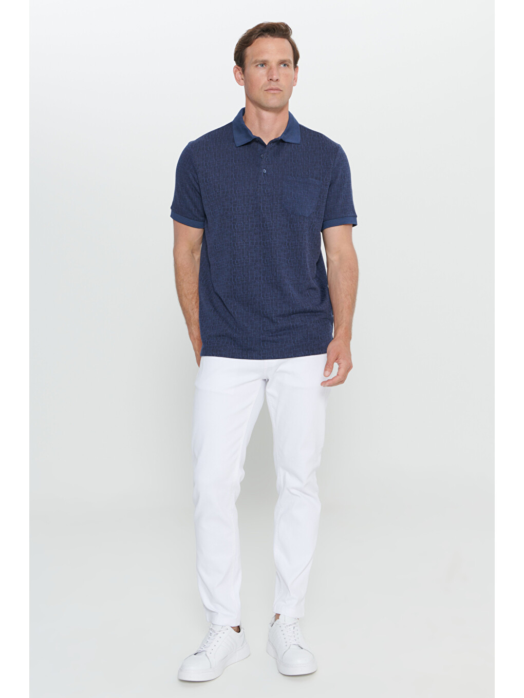 Erkek Lacivert Comfort Fit Rahat Kesim Polo Yaka Jakarlı Tişört-1