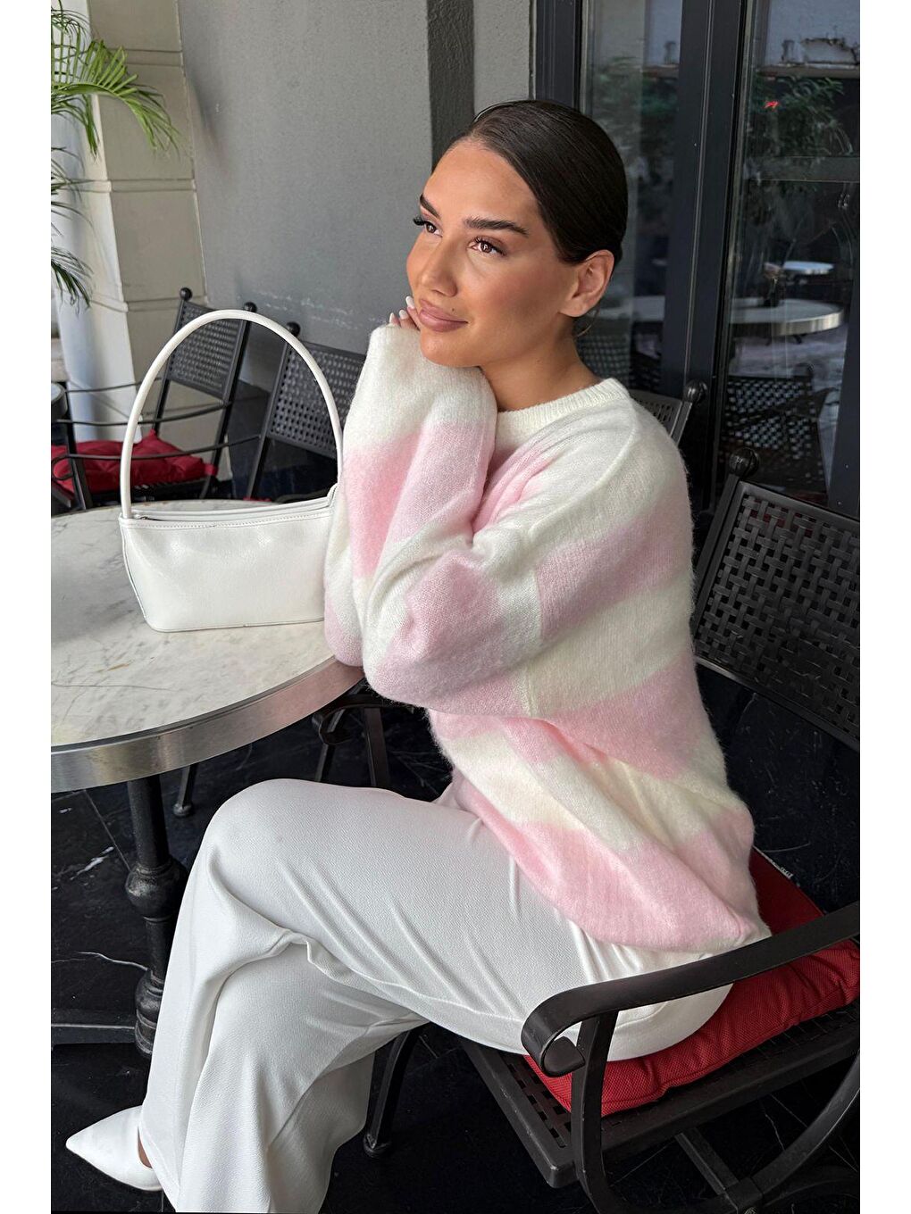 Pembe Bisiklet Yaka Çizgili Triko Kadın Kazak Mg2472-5