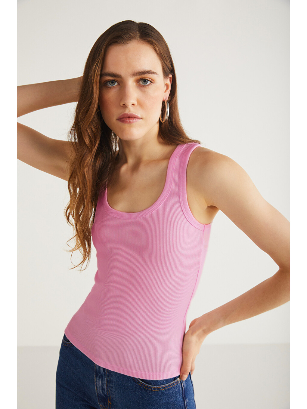 Lıllesol Kadın Fitilli Görünümlü Slim Fit Vücuda Oturan Havuz Yakalı Pamuklu Basic Koyu Pembe Atlet-1