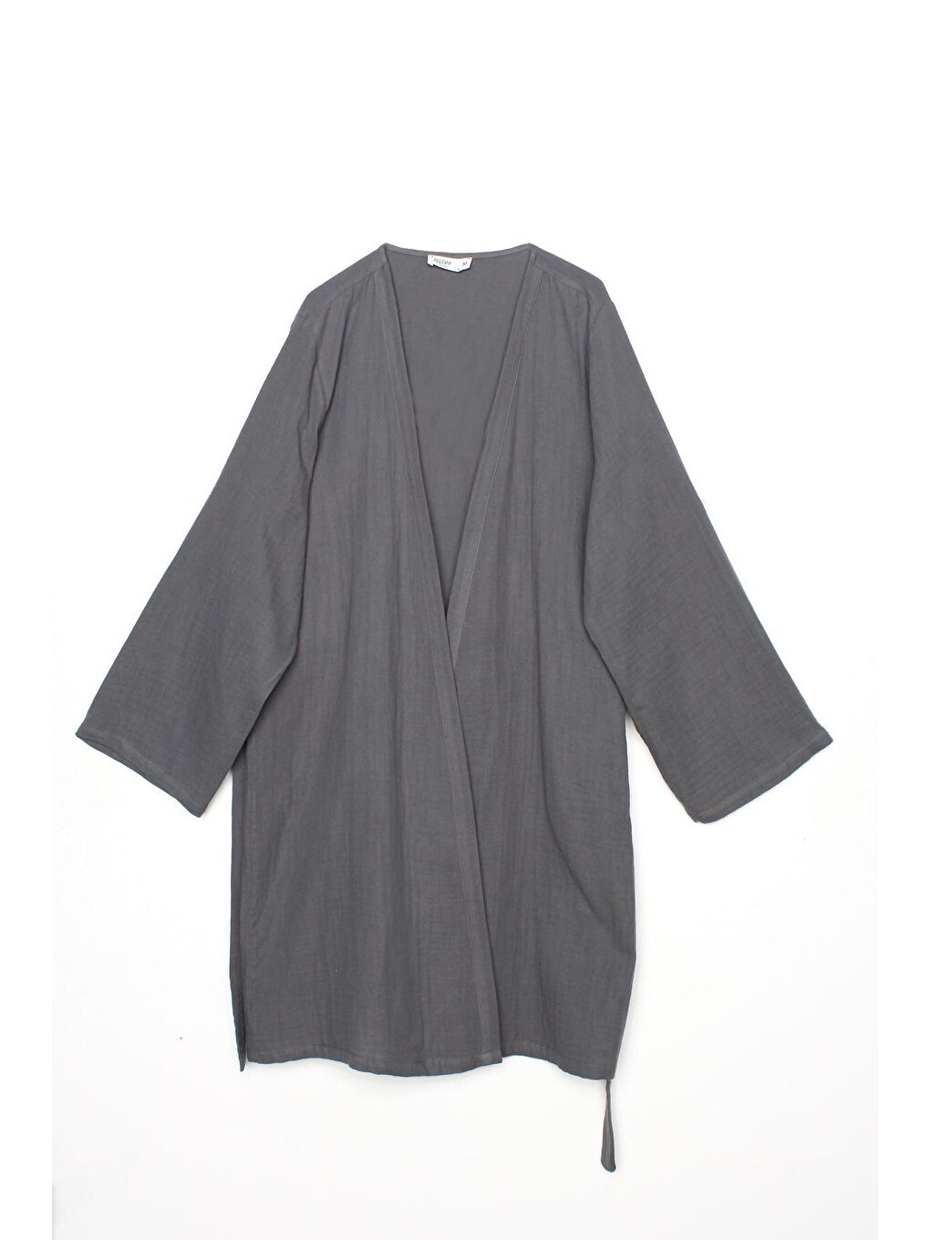 Gri Pamuklu Kuşaklı Kimono-4
