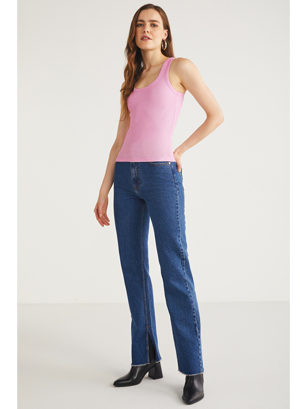 Lıllesol Kadın Fitilli Görünümlü Slim Fit Vücuda Oturan Havuz Yakalı Pamuklu Basic Koyu Pembe Atlet-2