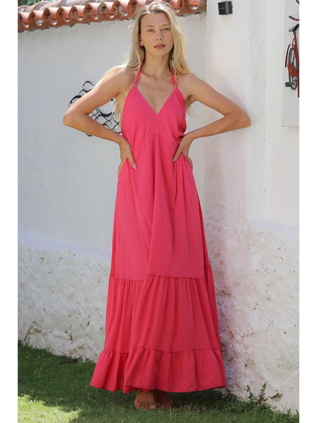 Koyu Pembe V Yaka Askılı Eteği Fırfırlı Dokuma Casual Elbise-2