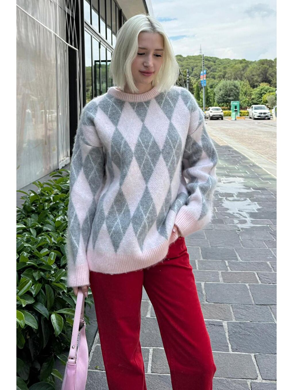 Pembe Bisiklet Yaka Şardonlu Baklava Desenli Kazak Mg2493-1