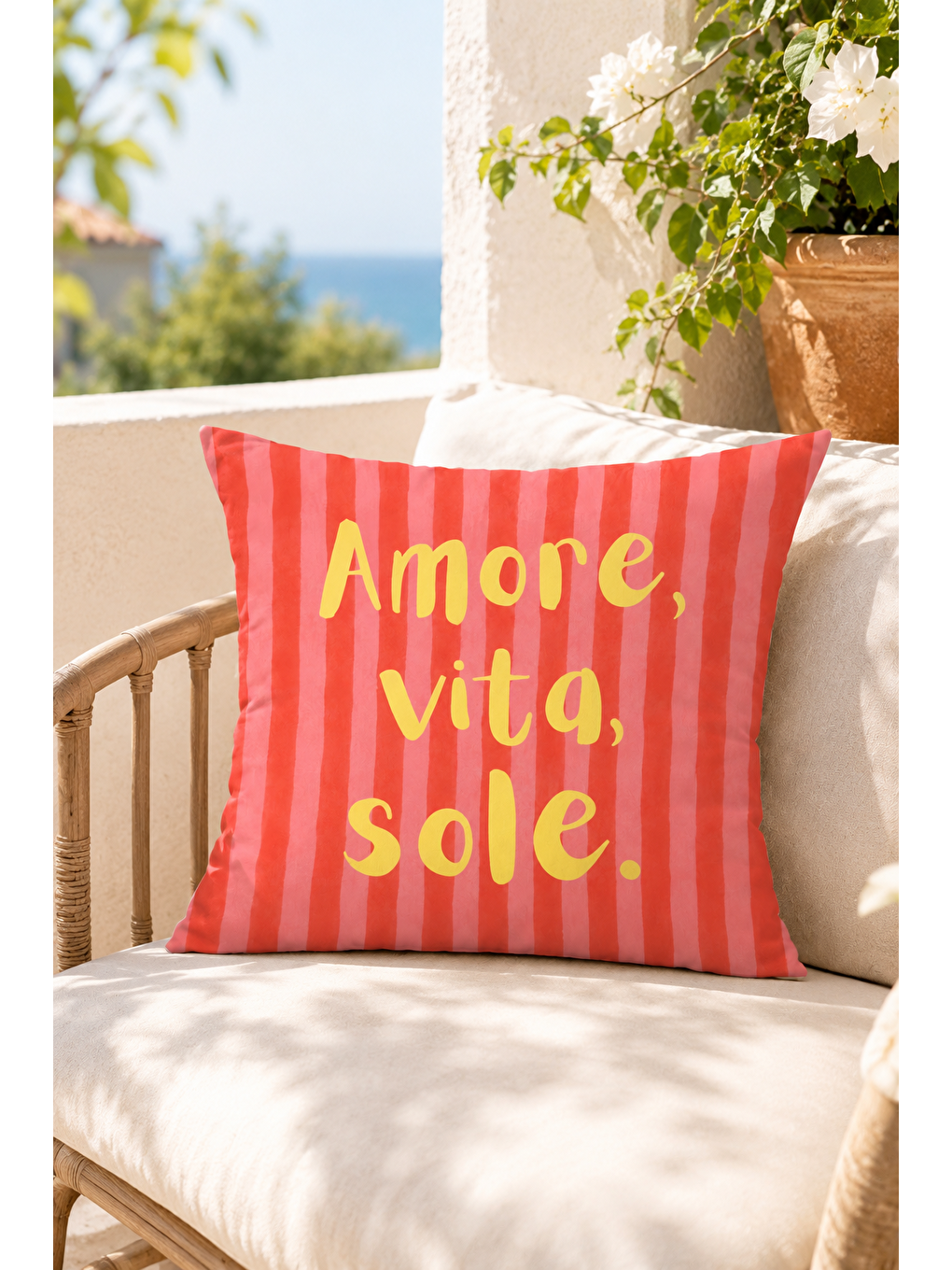 Beyaz Amore Vita Sole Çizgili Yazı Baskılı Dekoratif Kırlent Kılıfı Yazlık Dekor 43x43 Cm-4