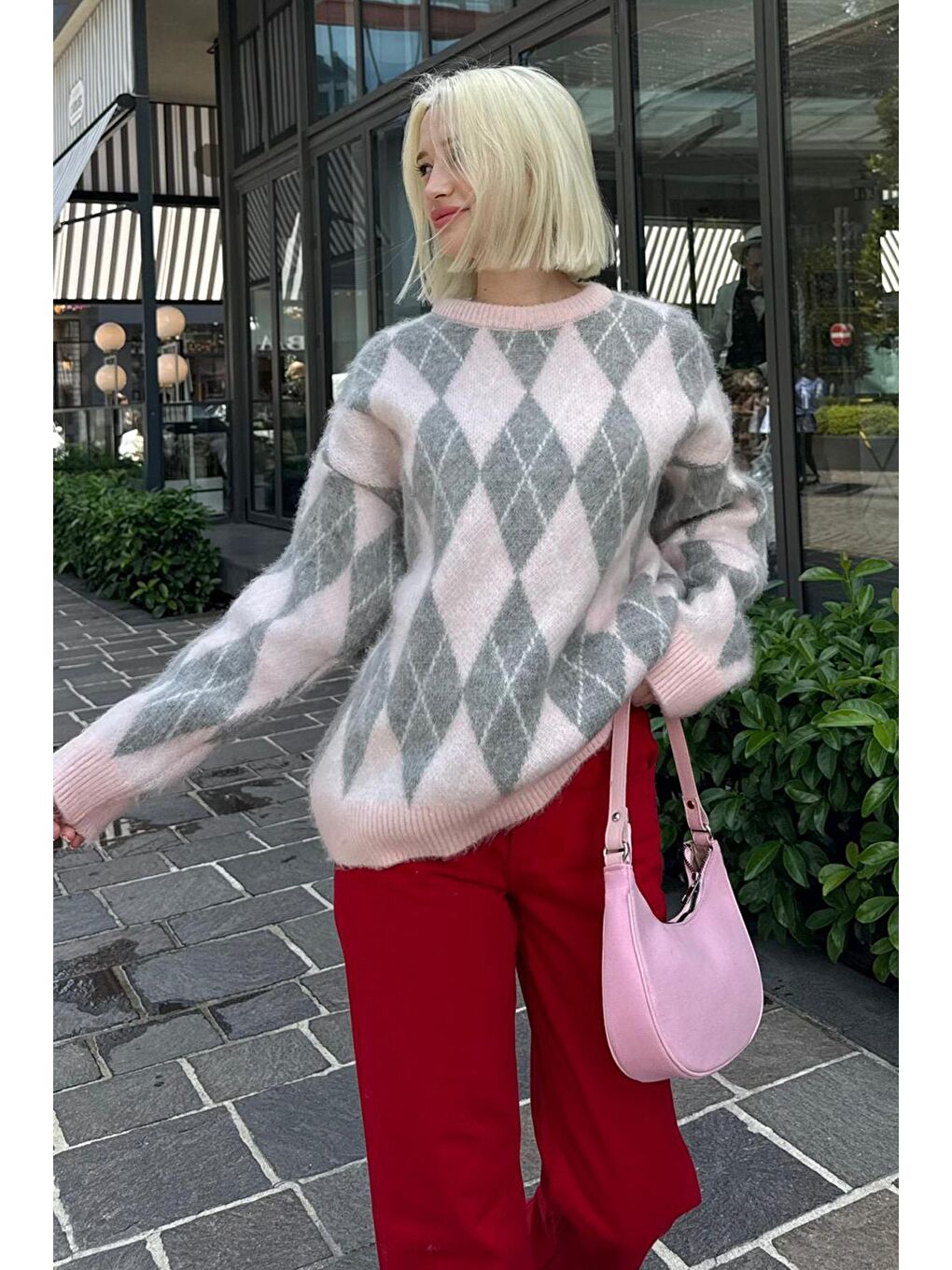 Pembe Bisiklet Yaka Şardonlu Baklava Desenli Kazak Mg2493-2