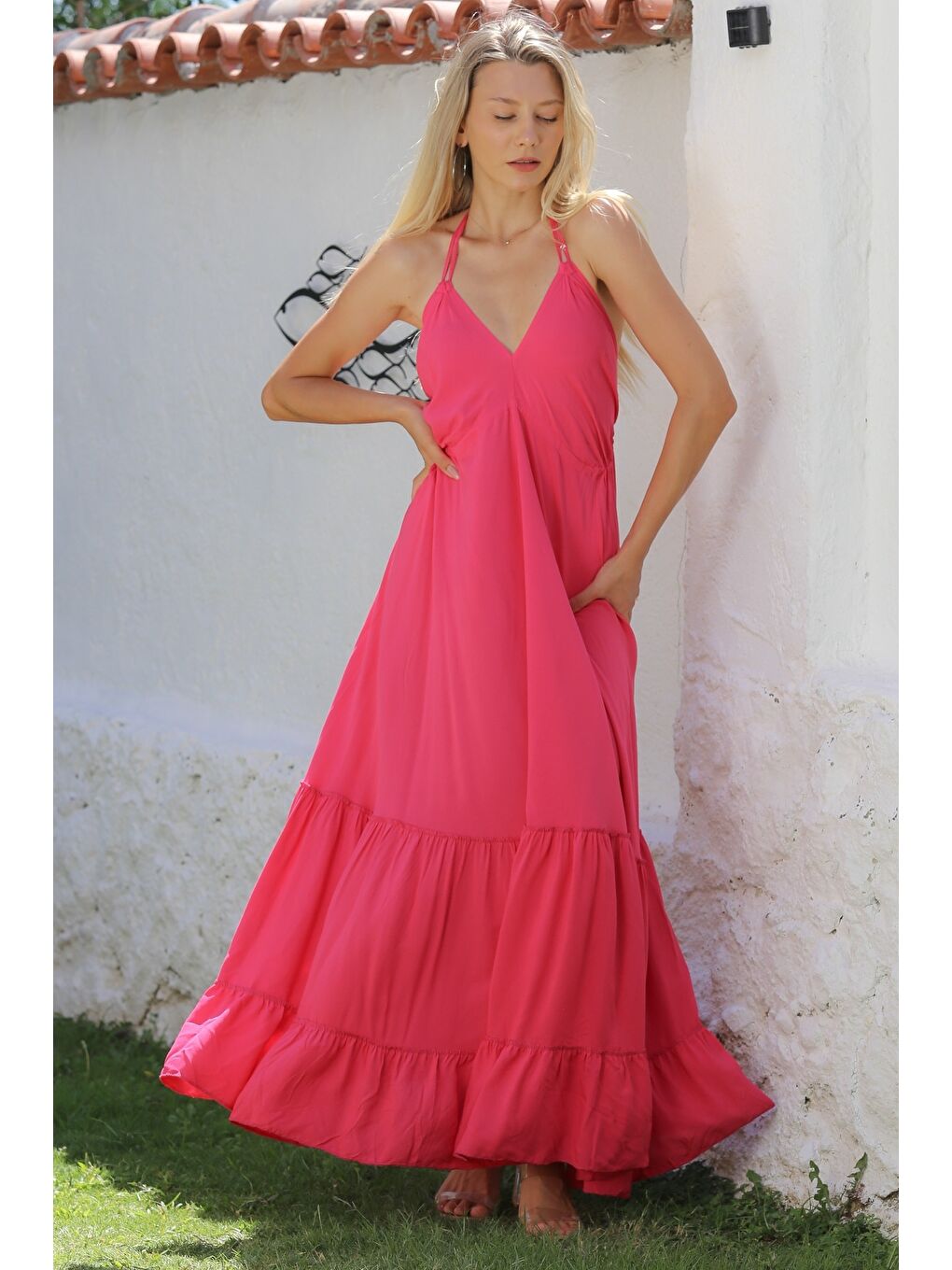 Koyu Pembe V Yaka Askılı Eteği Fırfırlı Dokuma Casual Elbise-6