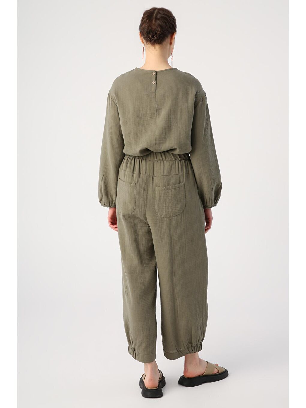 Haki Pileli Geniş Paçalı Lastikli Şalvar Pantolon-3