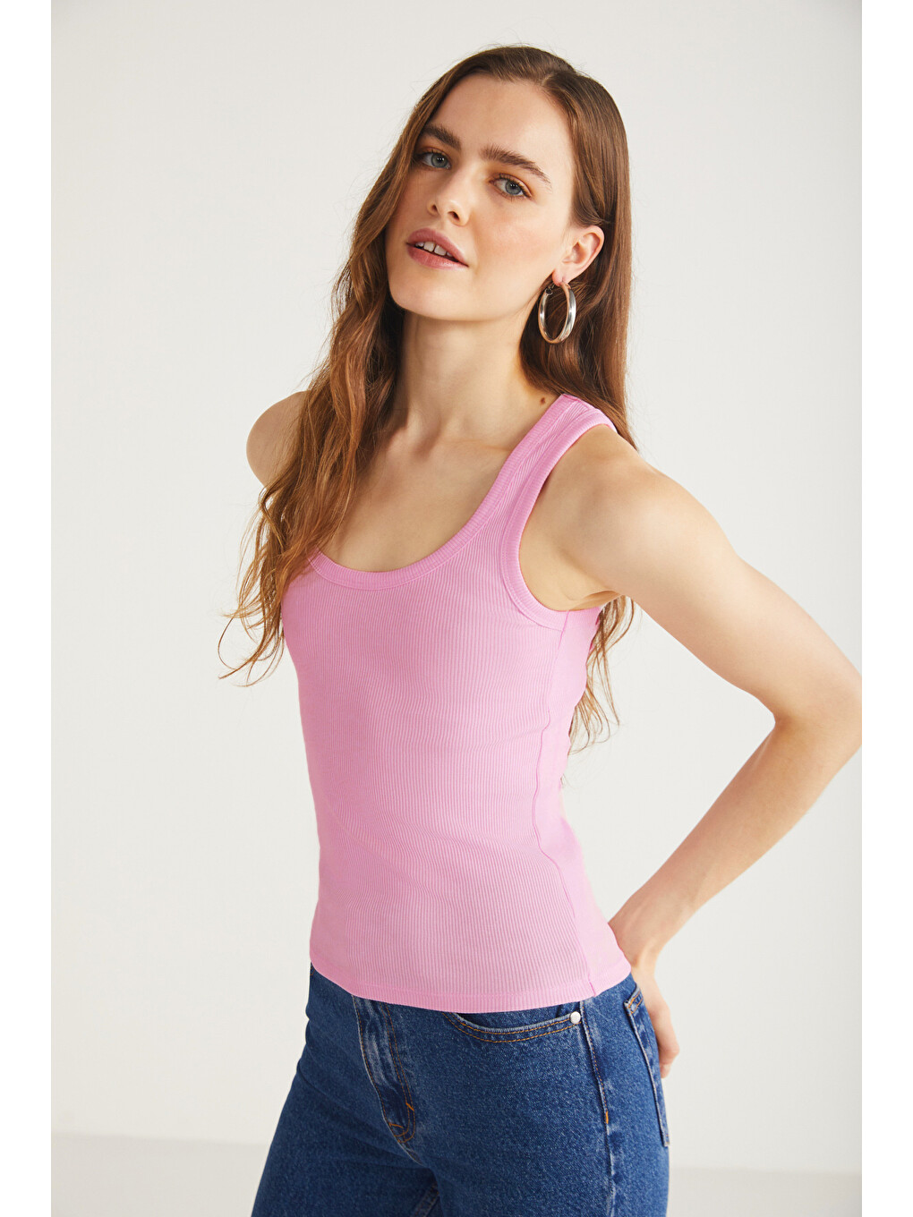 Lıllesol Kadın Fitilli Görünümlü Slim Fit Vücuda Oturan Havuz Yakalı Pamuklu Basic Koyu Pembe Atlet-3
